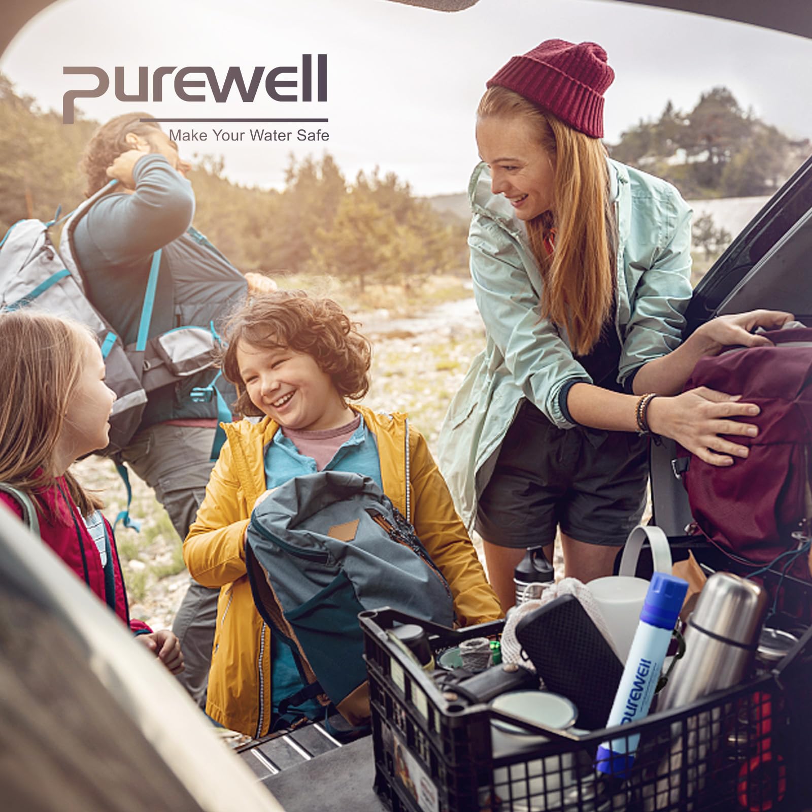 Purewell Outdoor-Wasserfilter – 0,01 μm Ultrafeinfilter entfernt 99,99% Bakterien & Schwermetalle | 1500 Litern Filterkapazität | Tragbarer Trinkwasserfilter mit Karabiner für Survival & Outdoor