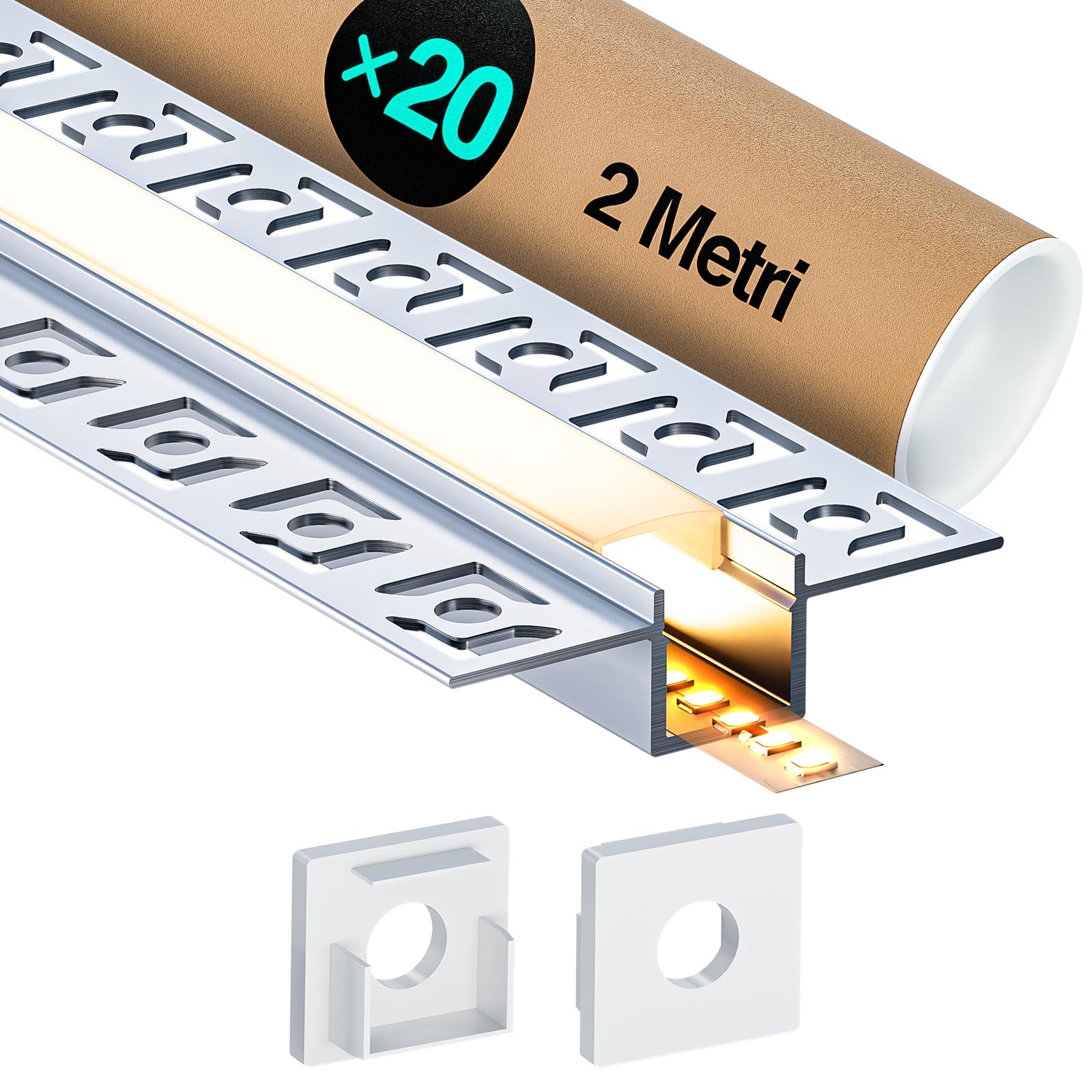 20 x profil aluminiowy do taśm LED 2 m (40 m), profile LED do pasków LED, paski up to 25 mm szeroki - z matową osłoną z PC kanał kablowy do taśmy LED - 2000 x 55,5 x 14,9 mm