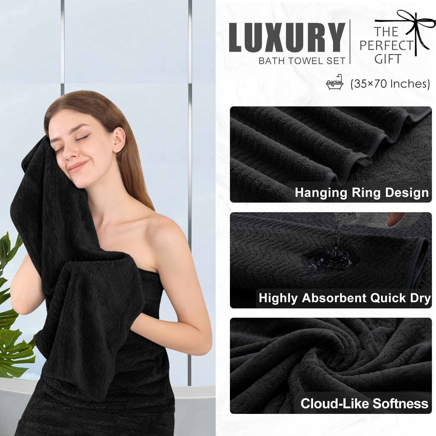 Juego de 4 Toallas de baño de Gran tamaño de 35 x 70 Pulgadas, Color Negro, Toallas de baño extragrandes, Altamente absorbentes, de Secado rápido, para baño, SPA, Gimnasio, Hotel, Toalla de Ducha de
