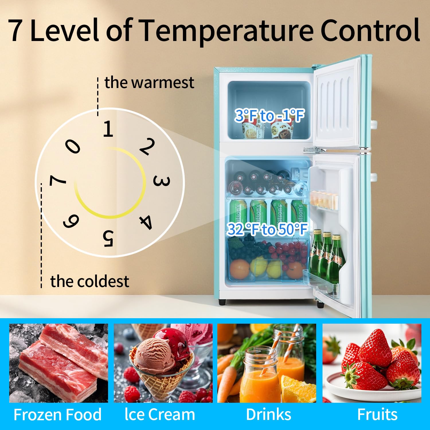 Anukis 3.2 Cu.Ft Retro Refrigerator With Freezer, 2 Door Mini Fridge With Adjustable Thermostat,Small Refrigerator For Apartment, Dorm, Office, Family, Basement, Garage (Mint Green) on Fridge.com - View 5