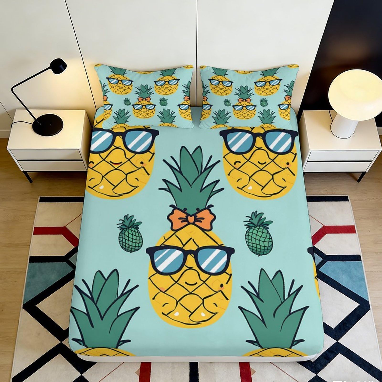 3D Printed Pineapple Cartoon Fitted Sheet Microfiber Soft Anti-slip Tropical Fruit Bed Cover for Adults Teens Bedroom Dorm 120x200x25cm