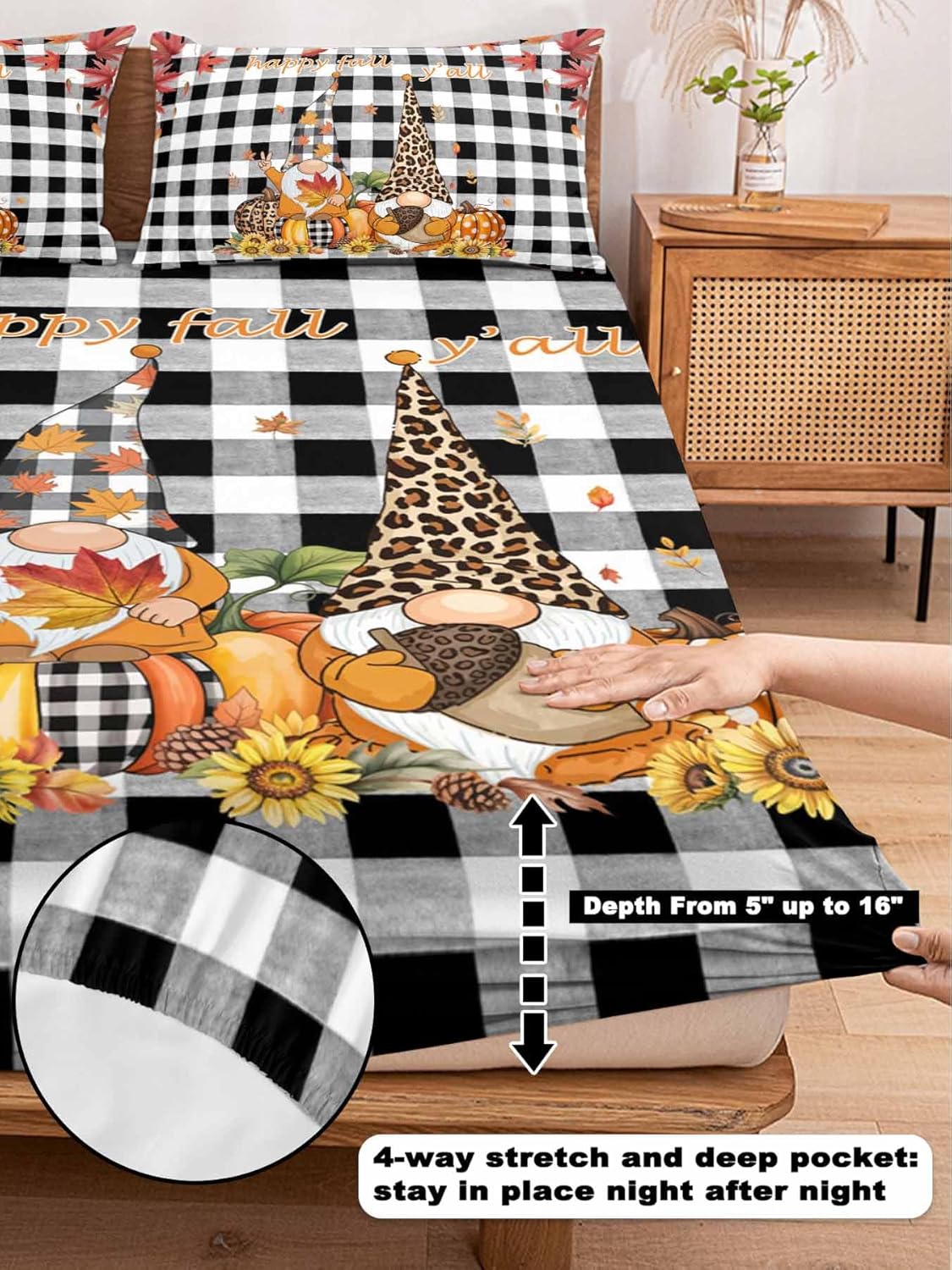 Queen Fitted Sheets Thanksgiving Gnome Pumpkin Sunflower Bed Set with 16" Deep Pocket,Soft Microfiber Bed Bottom Sheet with 2 Decorative Pillowcases Fall Black Buffalo Check