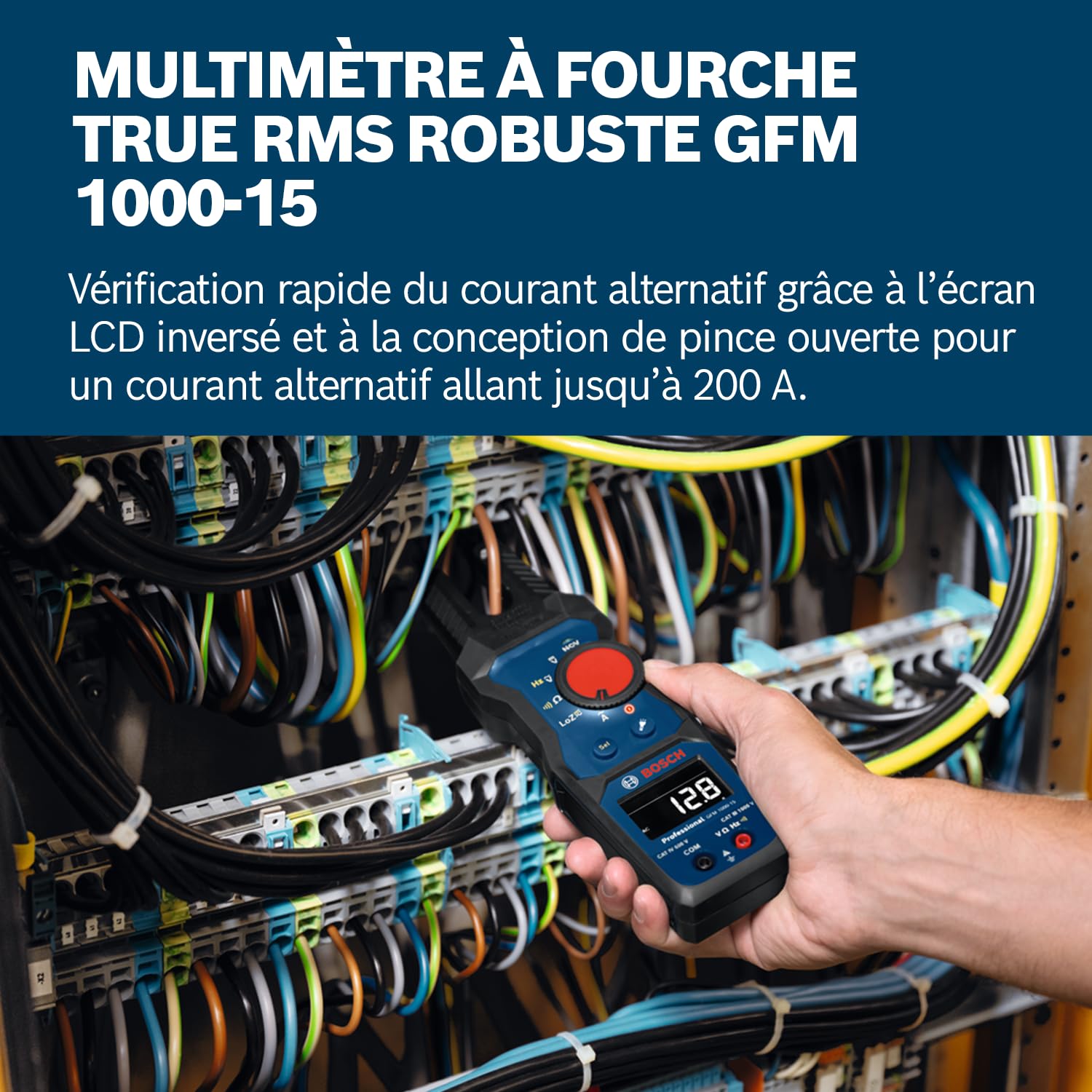Bosch Professional Pince ampèremétrique GFM 1000-15 (True RMS, LCD inversé, mesure jusqu’à 200 A AC, détecteur de tension sans contact, compatible avec le support magnétique MH 1, 2 x 1,5 V LR06 (AA))