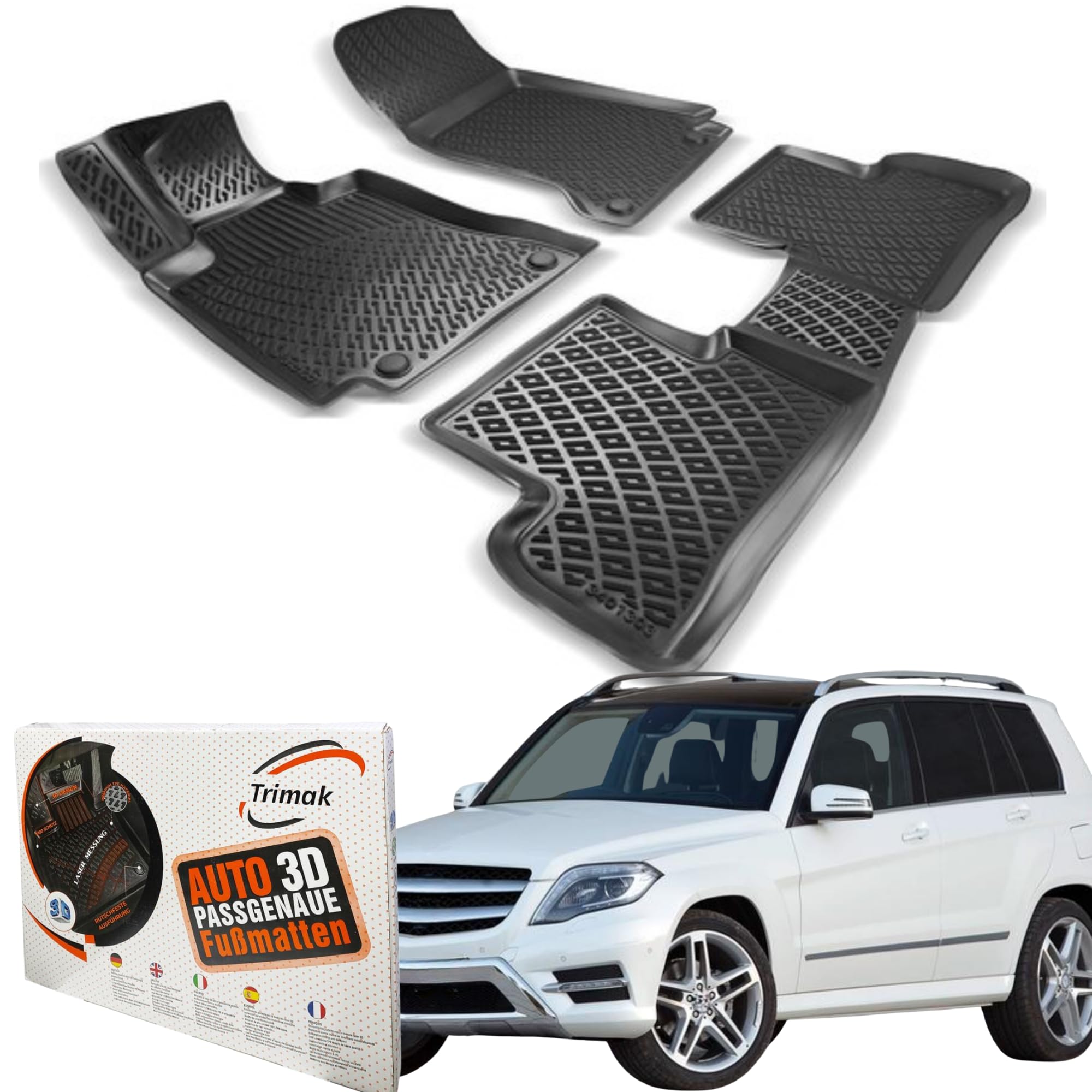 Trimak Dopasowane dywaniki samochodowe 3D kompatybilne z Mercedes GLK X204 2008 - 2015 akcesoria samochodowe 1. i 2. rząd dywaników gumowych samochodów TPE na każdą pogodę Bezzapachowe antypoślizgowe przód i tył czarne
