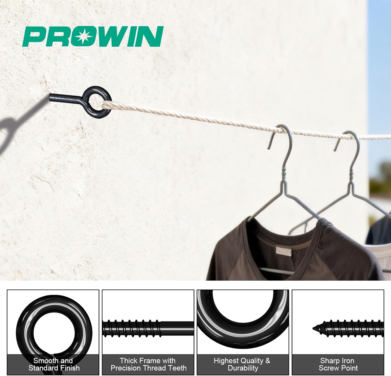 Prowin Heavy Duty Black Screw Eye Hooks, 4PCS M8 4.59 Inch Self Tapping Eyelet Bolts, Strong Eye Screws for Wood, Cables & Wire Securing, Indoor & Outdoor Heavy Duty Use