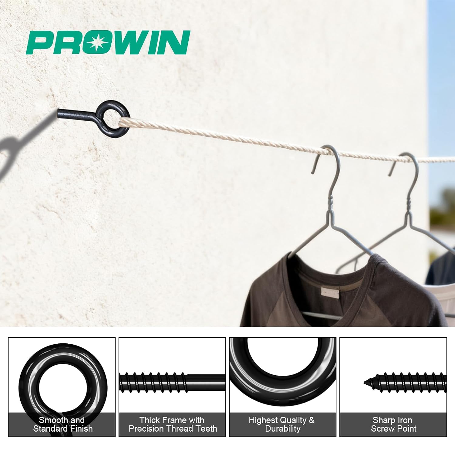 Prowin 4PCS 4.6 Inch Eye Bolt Screw Hooks, M8 Heavy Duty Carbon Steel with Black Electrophoresis Coating, Rust Resistant for Indoor Hanging Outdoor Use Home Storage Warehouse Organization