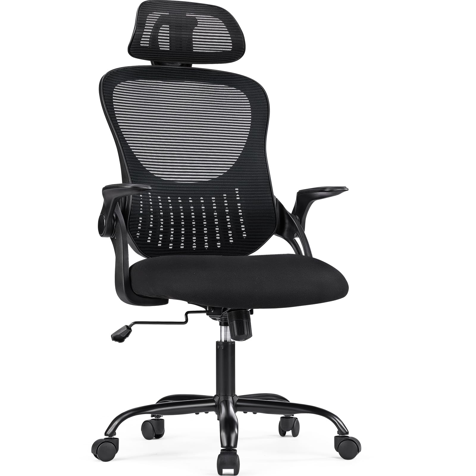 Sweetcrispy Office Computer Desk Chair, Ergonomic High-Back Mesh Rolling Work Chairs with Wheels and Adjustable Headrests, Comfortable Lumbar Support, Comfy Flip-up Arms for Home,Bedroom, Modern Black