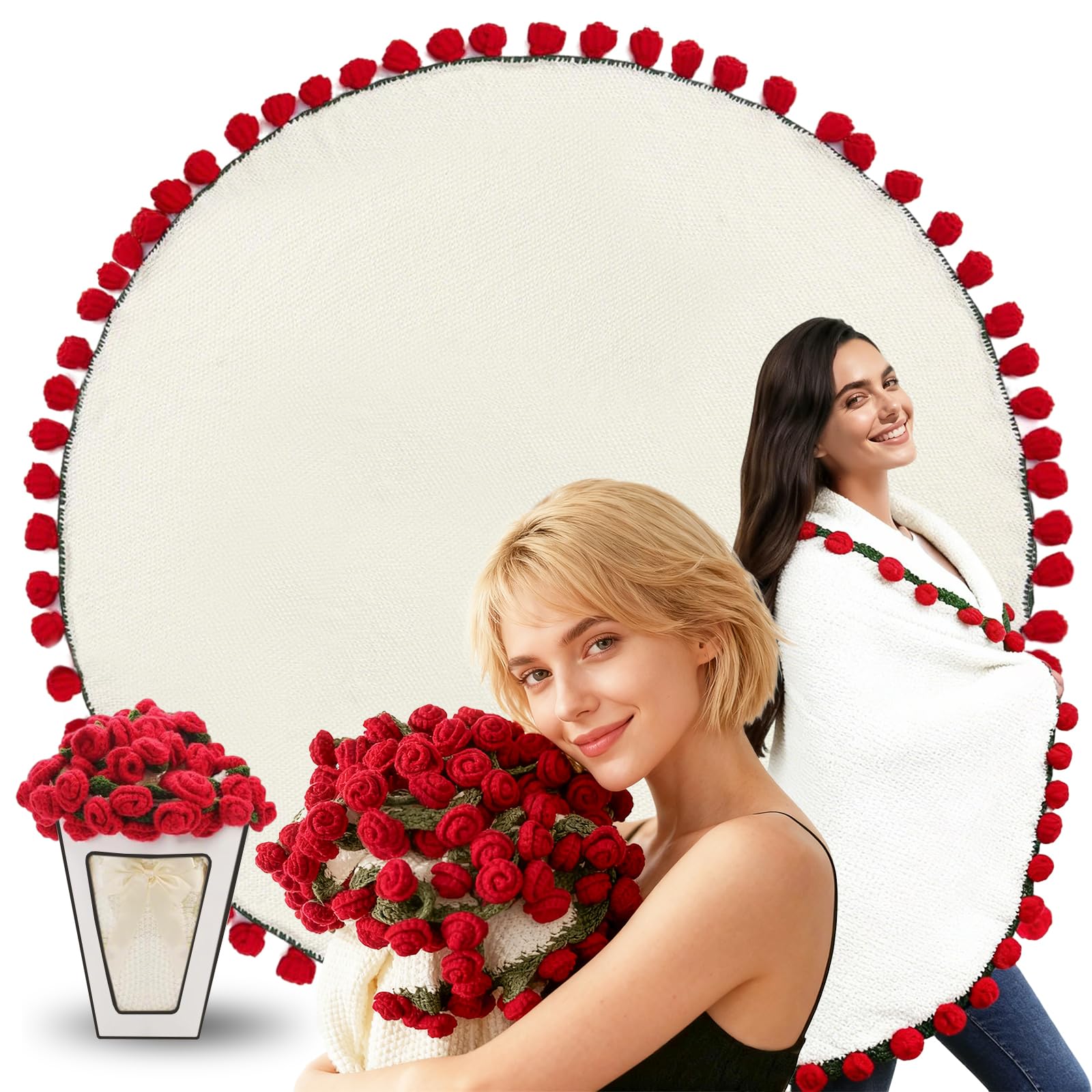 Manta de ramo, Ramo de flores manta, Diámetro 120 x 120 cm,manta de ramo de flores de ganchillo, suave y ligera, para decoración de Cama del hogar, guardería, Boda, inauguración de la casa,52 rosas 3D