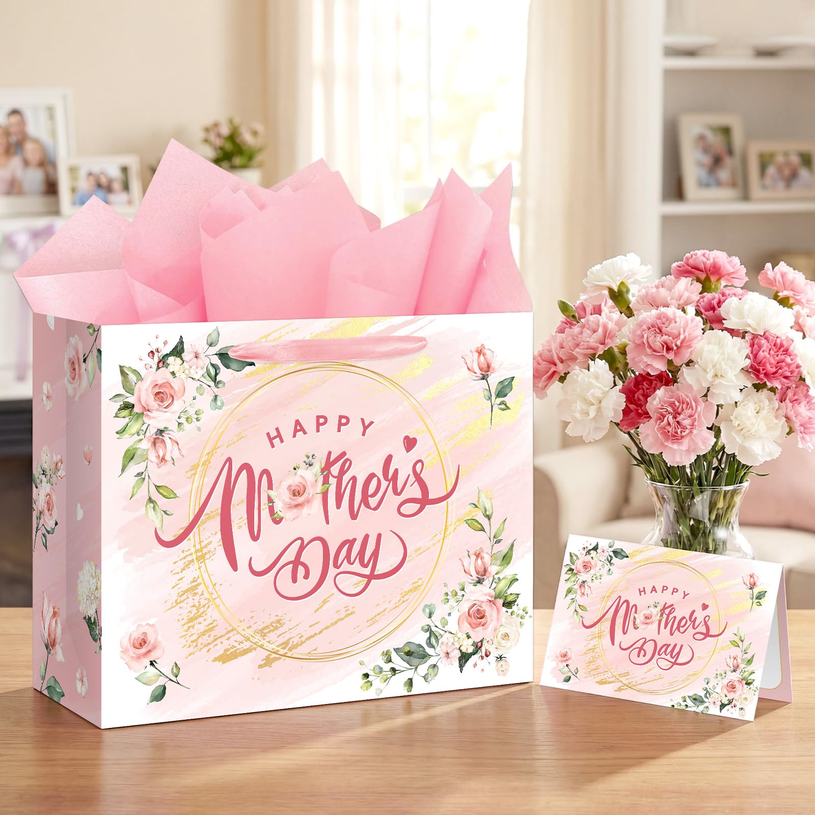 Aysimple Happy Mother's Day Large Gift Bag Set with Greeting Card and Pink Tissue Paper 13" Love Mother Present Bag Pastel Flower Paper Gift Bags with Handles for Happy Mom's Day Party Decorations