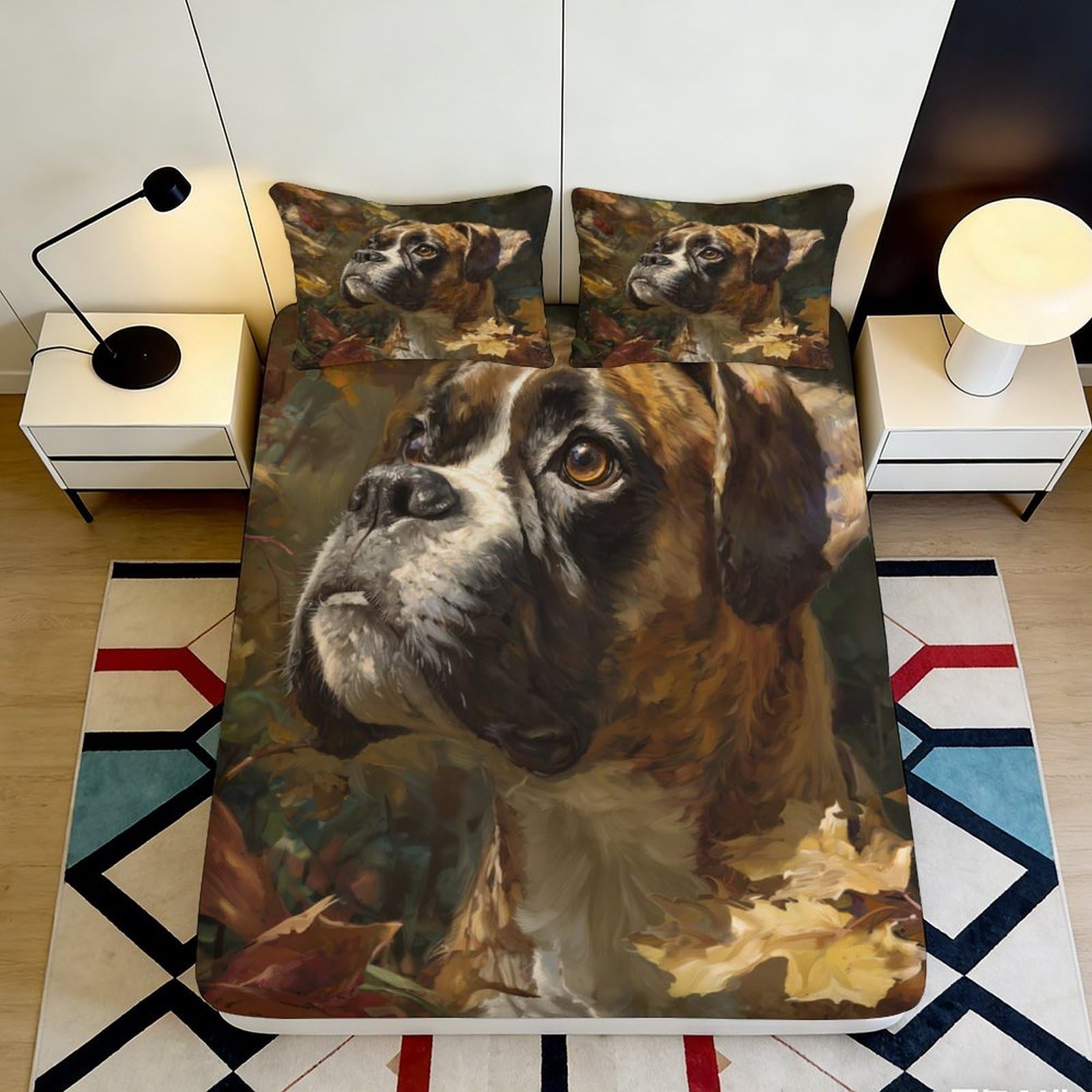 3D Printed Autumn Boxer Dog Fitted Sheet Microfiber Soft Brown Leaves Bed Cover for Bedroom Guest Room Decor Mattress Protection 90x200x25cm