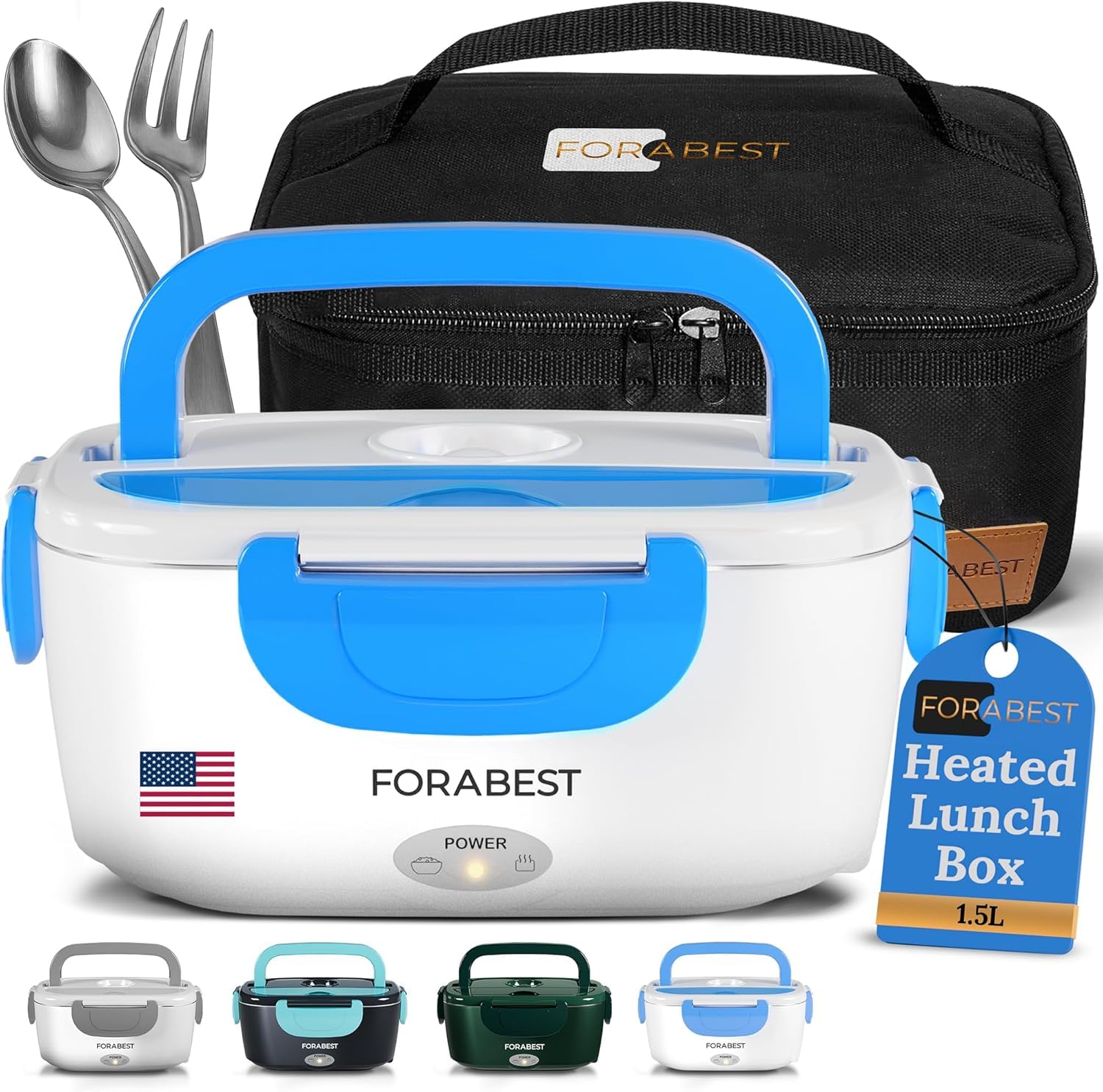 FORABEST Heated Lunch Box, 80W Electric Lunch Box for Adults, Portable Food Warmer with 1.5L Stainless Steel Container, Utensils, Carry Bag & Leakproof Lid, 12V/24V Car/Truck & 110/120V Home/Office