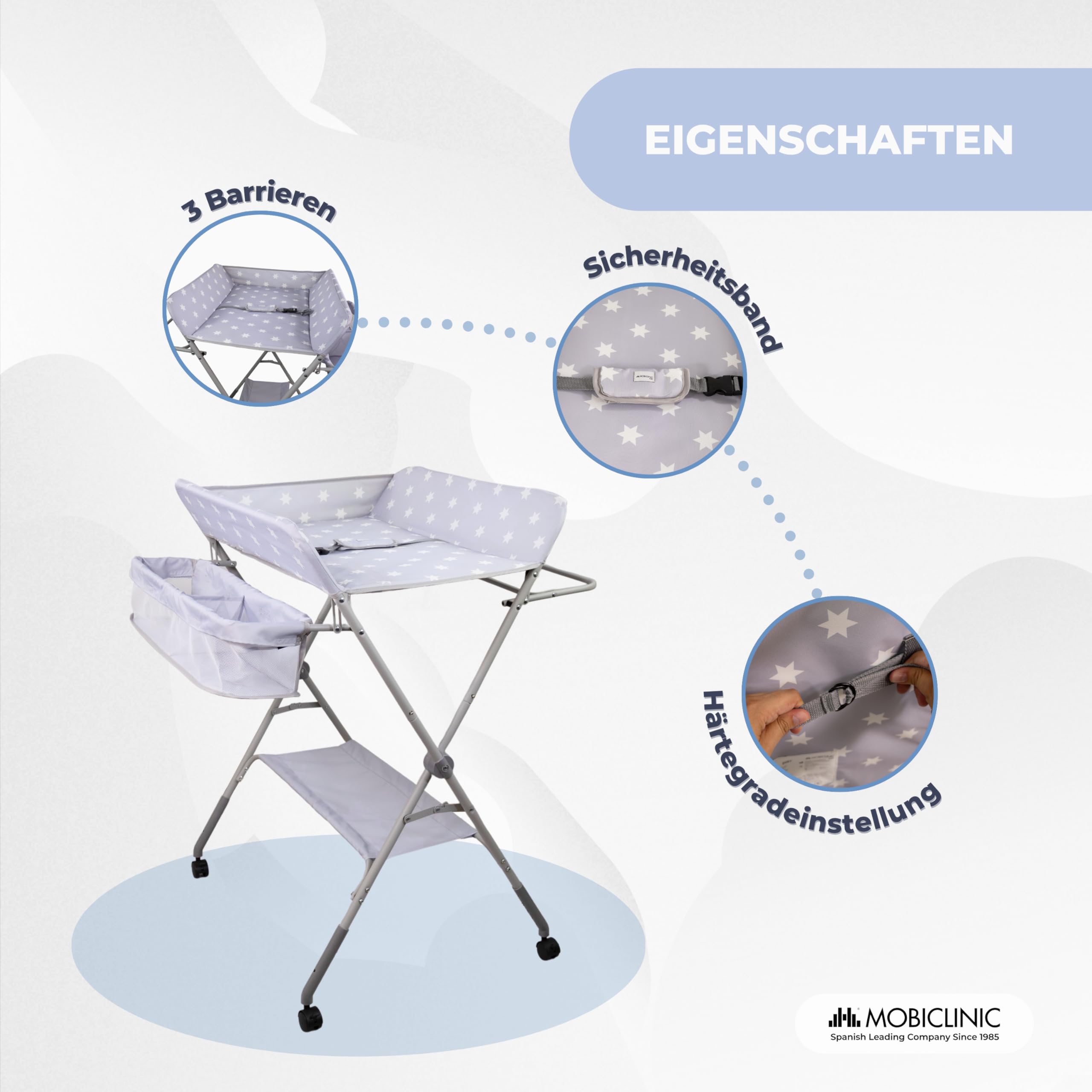 Mobiclinic®, Wickeltisch, Klappbar, Höhenverstellbar, Bis zu 15 Kg, 0–36 Monate, Windel-Organizer, 360°-Räder mit Bremse, Gurt und Sicherheitszaun, Waschbarer Bezug, Aufbewahrung, Zoey