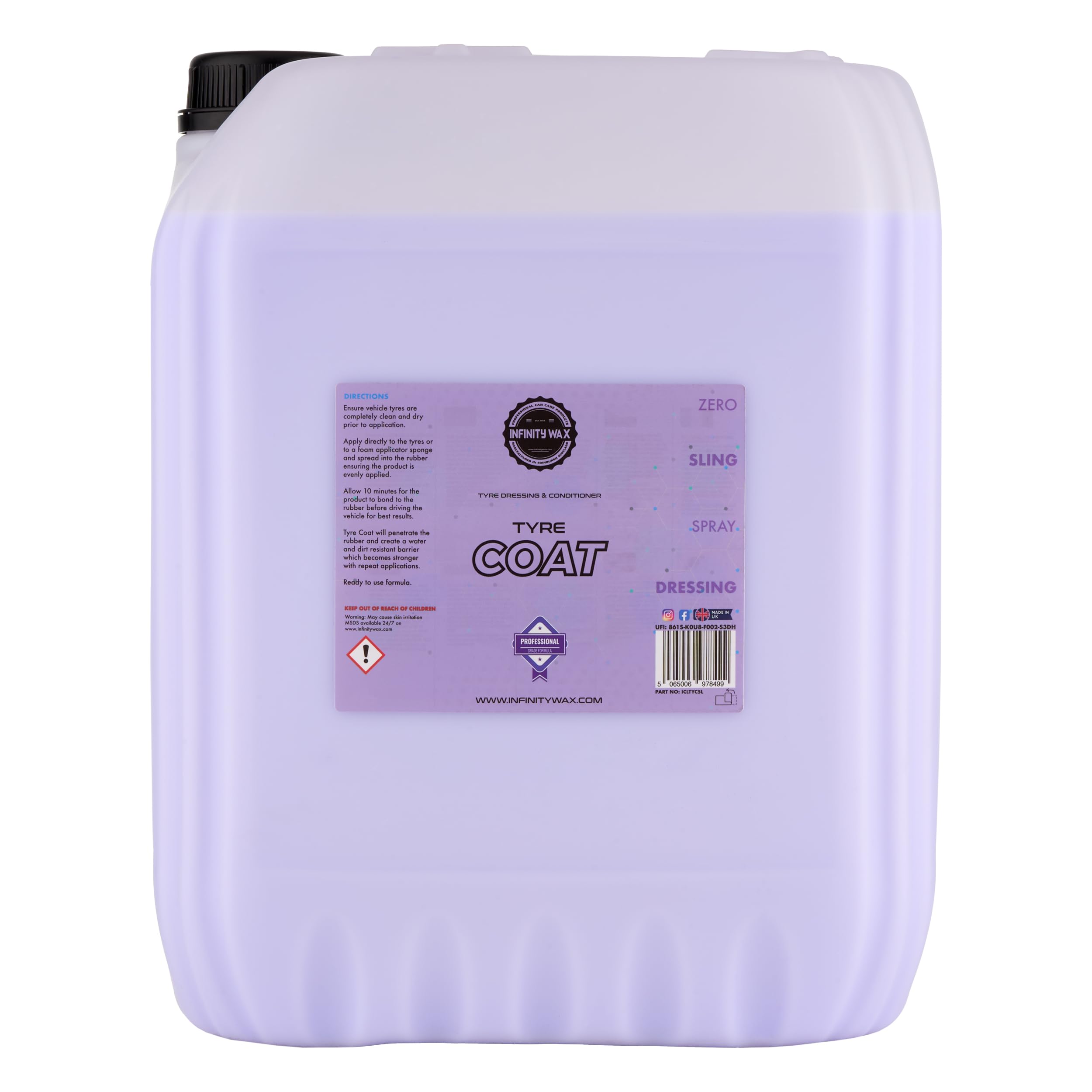 Infinity Wax Tyre Coat 20L, Trade Size SiO₂ Sprayable Tyre & Trim Dressing Long-Lasting, Water-Based Satin Finish, Non-Greasy, Sling-Free Formula