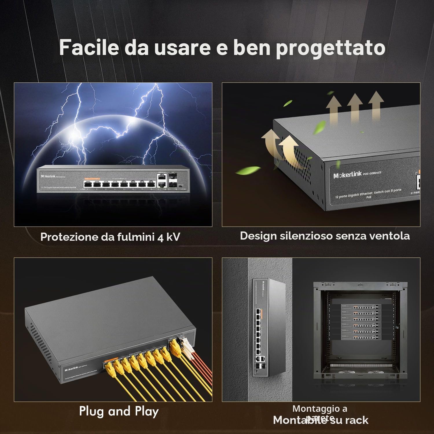 MokerLink Switch Gigabit PoE a 12 porte con 8 porte PoE+, 2 Gigabit uplink, 2 porte SFP, rilevamento AI da 120 W, Qos & Extend, switch di rete senza ventola Plug & Play non gestito
