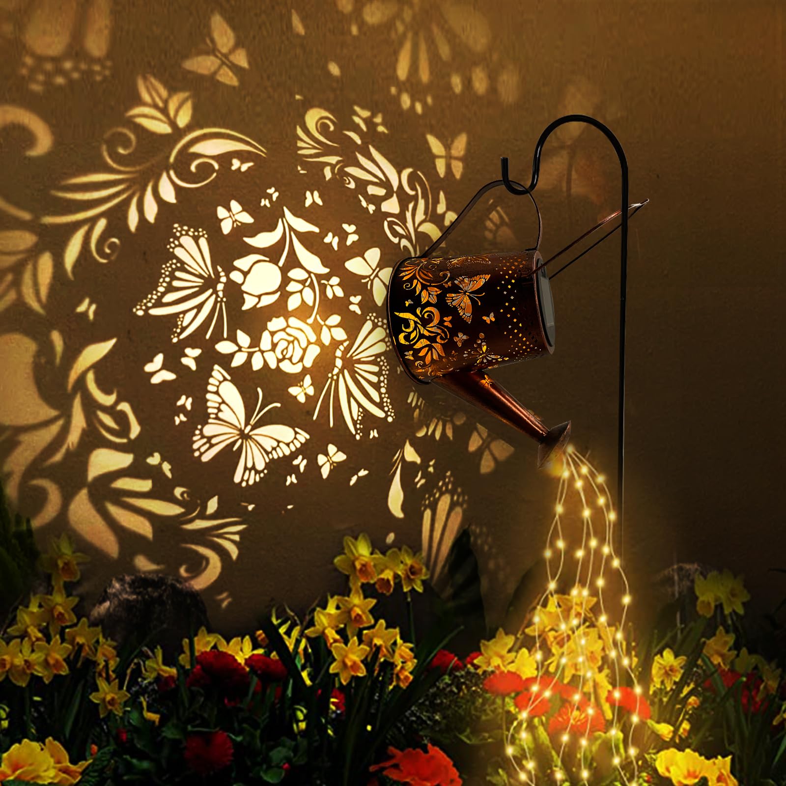 Solar Watering Can Outdoor Lights Garden Decor,Butterfly Hanging Lantern Waterproof Landscape Lights Outside Decoration for Yard Porch Patio Pathway Gardening Gifts(with 32 inch Shepherd Hook)