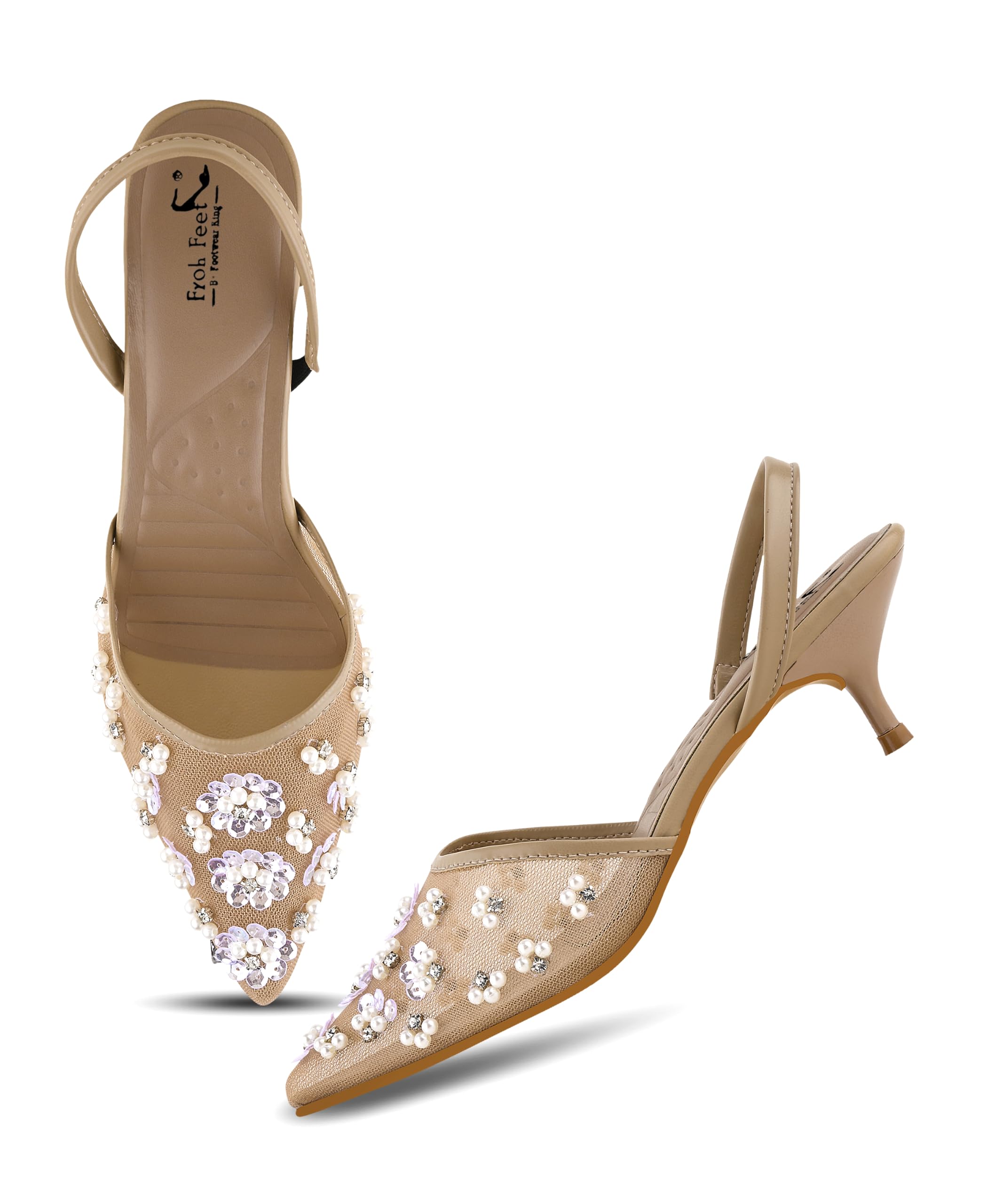 Froh Feet Women Elegant Pointed Toe Kitten Heels Breathable Mesh Sequin Wedding Party Dress Slingback Pumps-picture-26