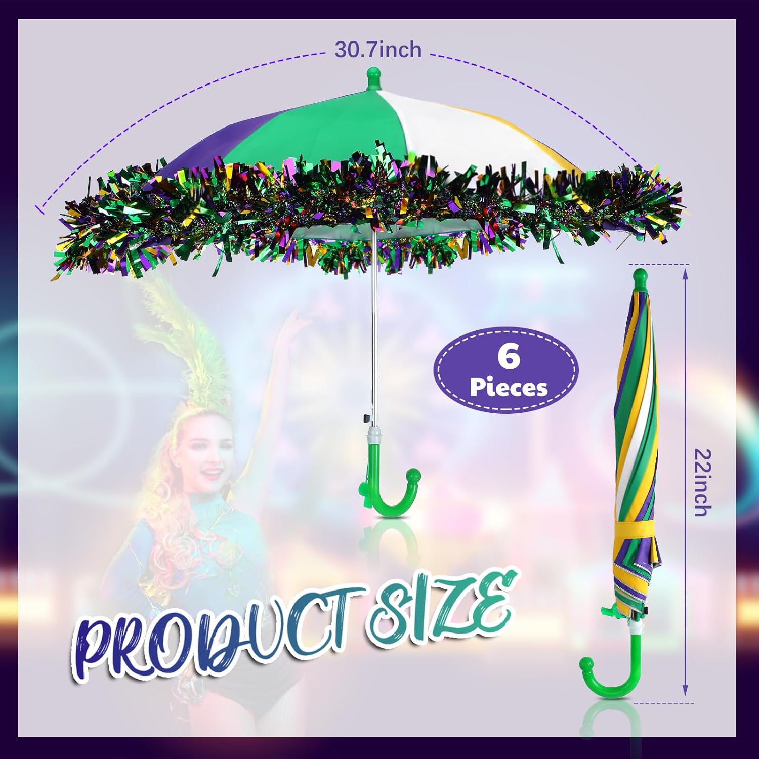 Moukeren 6 Set Mardi Gras Umbrella 16" Second Line Umbrella with Tinsel Garland Mardi Gras Party Supplies Outfit Accessories for Women Masquerade Costume Party Favor