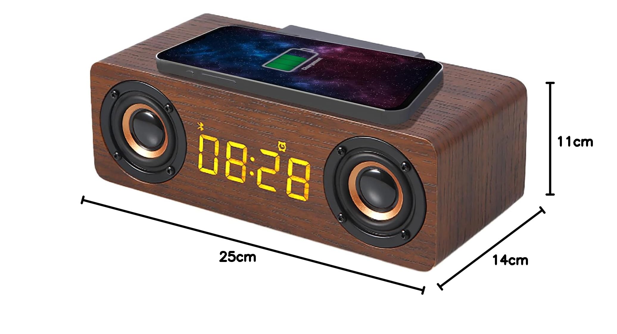 APM Enceinte Bluetooth Réveil Bois avec Radio FM, Chargement sans Fil Induction pour Smartphone,Port de Charge USB, Luminosité Réglable, Réveil Numérique Affichage LED, 425024
