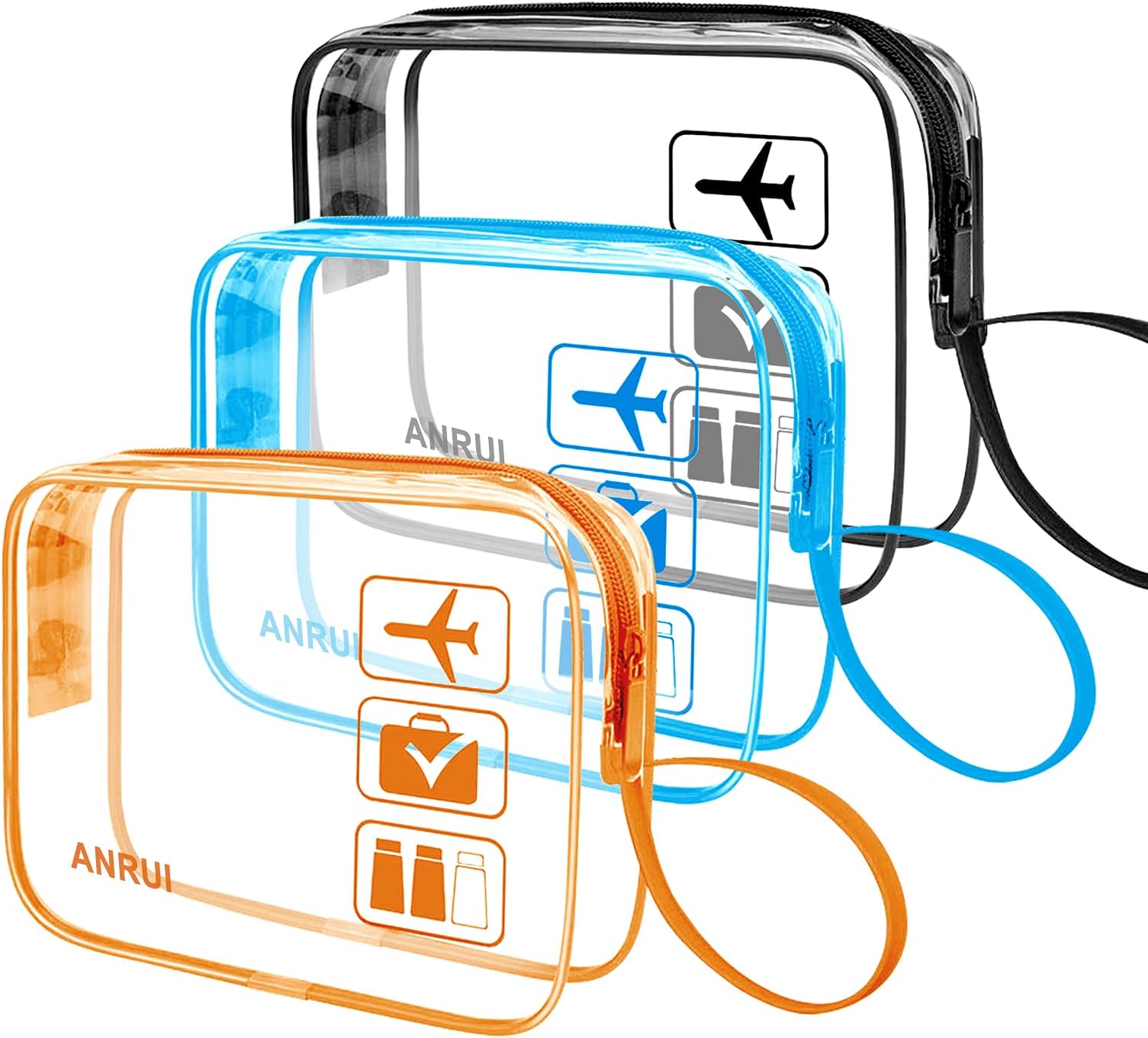 ANRUI3pcs TSA-Approved Clear Travel Toiletry Bag with Handle Strap, Airline Kit 3-1-1 Clear Liquids Toiletries & Cosmetics Organizer Carry-On Luggage for Women and Men - Black Blue Orange