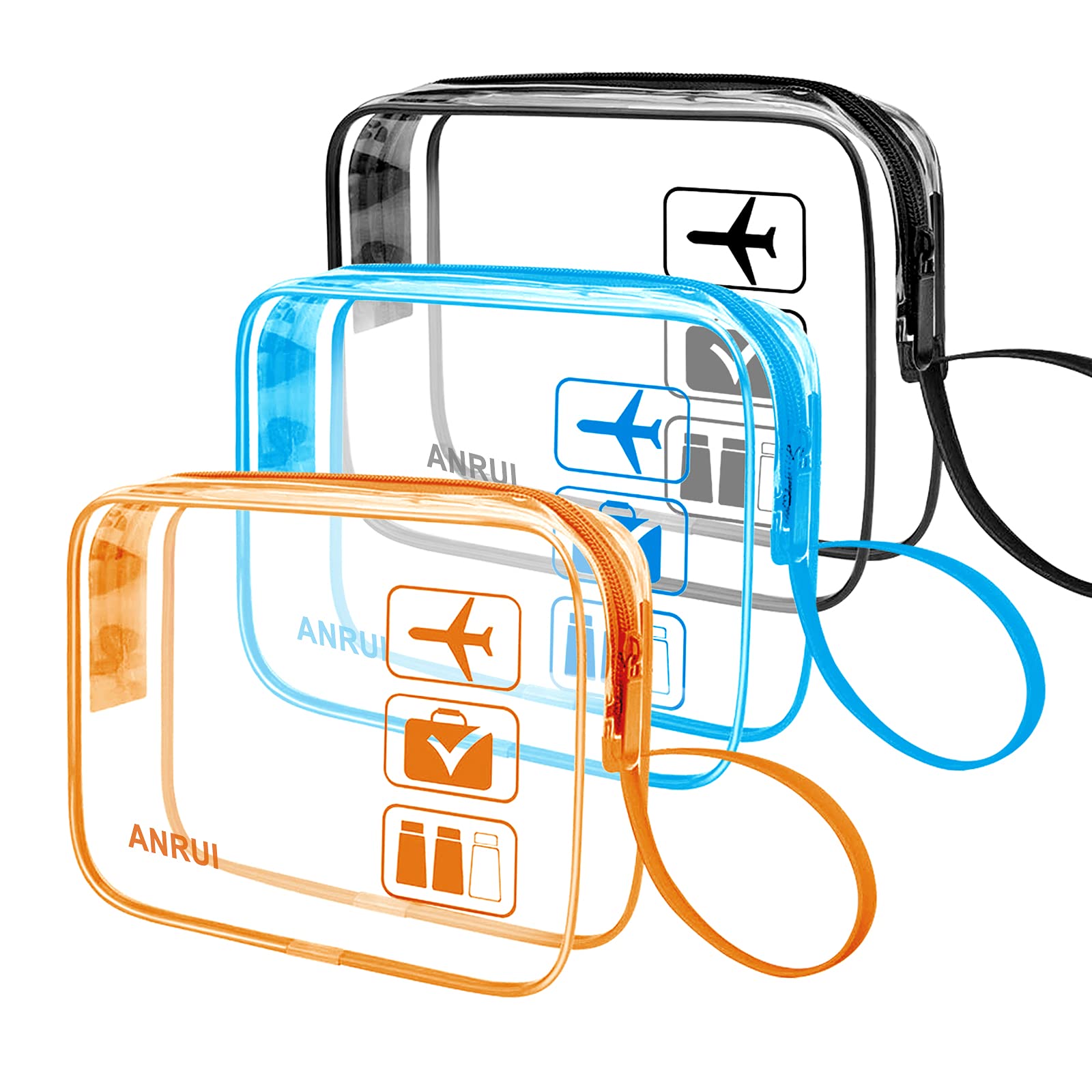 ANRUI3pcs TSA-Approved Clear Travel Toiletry Bag with Handle Strap, Airline Kit 3-1-1 Clear Liquids Toiletries & Cosmetics Organizer Carry-On Luggage for Women and Men - Black Blue Orange