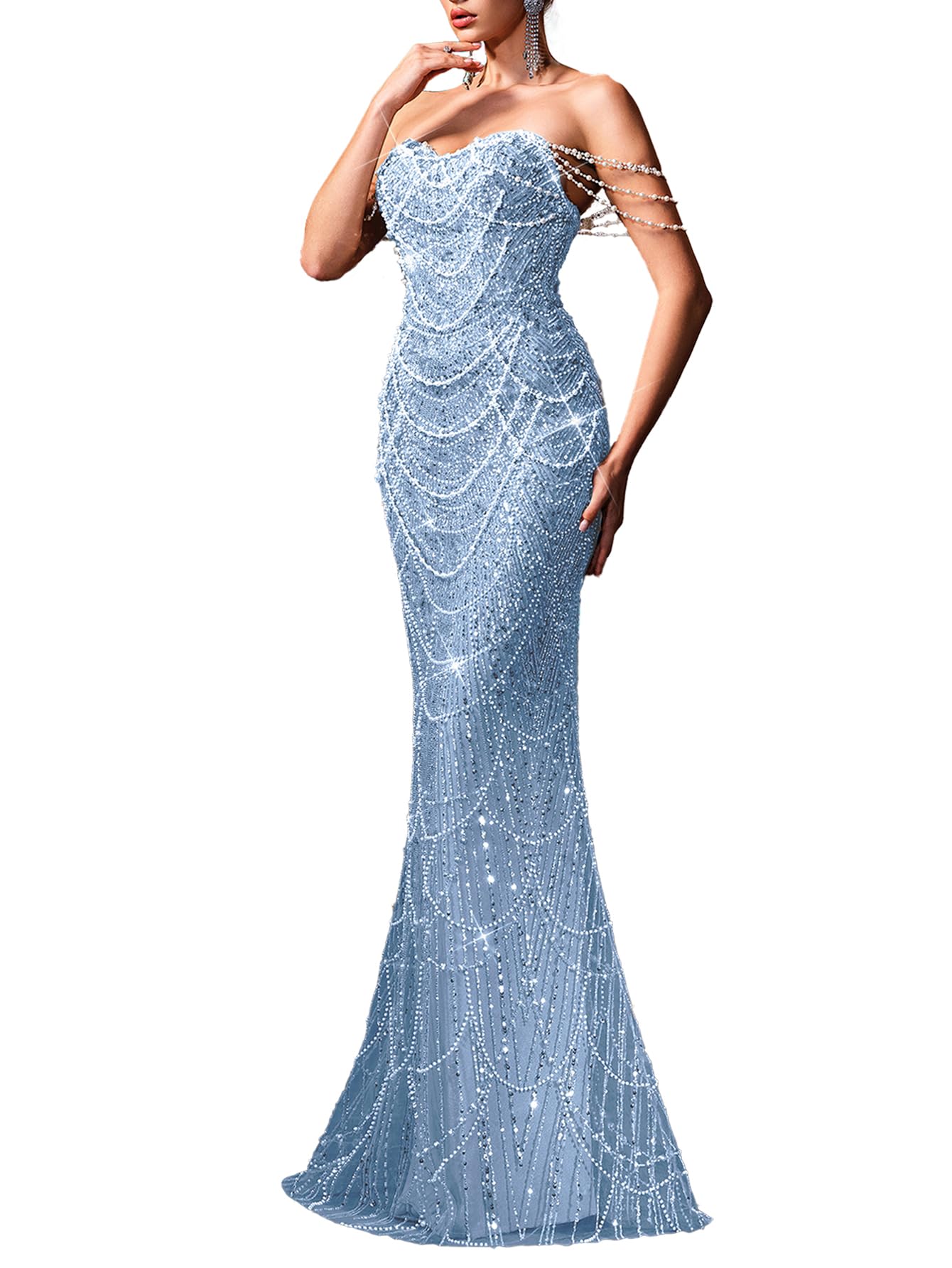 Women's Strapless Champagne Evening Gown Beaded Bodycon Maxi Dress