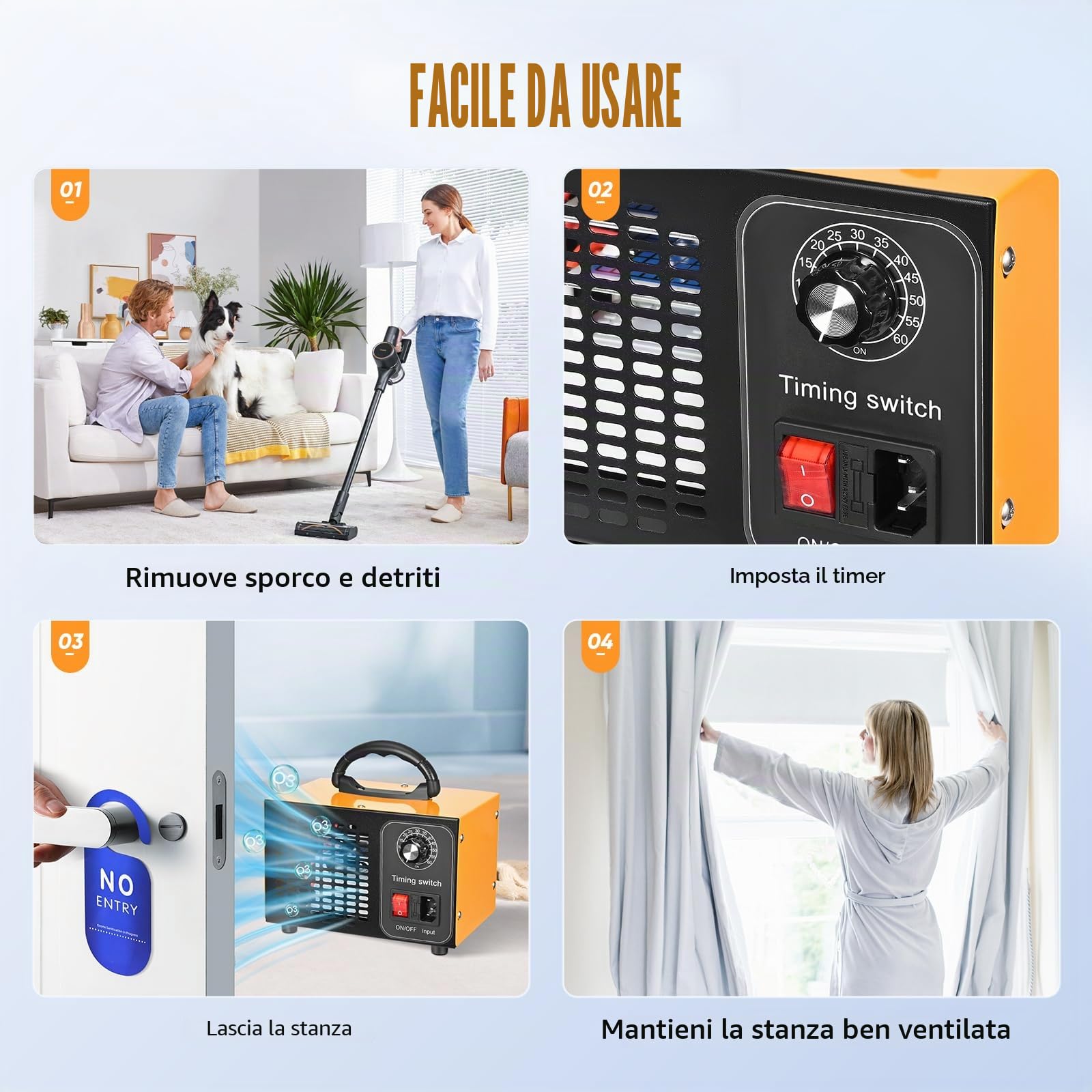 Generatore di ozono 60000 mg/h, 400 ㎡, purificatore d'aria e timer da 60 minuti, purificatore d'aria O3, purificatore d'aria per auto, purificatore d'aria e deodorante (versione avanzata)