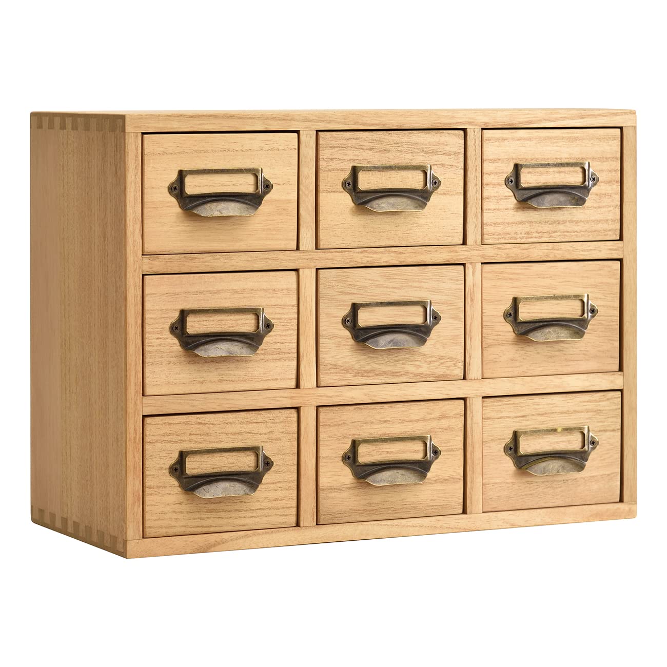 KIRIGEN Wooden Desktop Organiser with 9 Drawers, Metal Handles, Natural