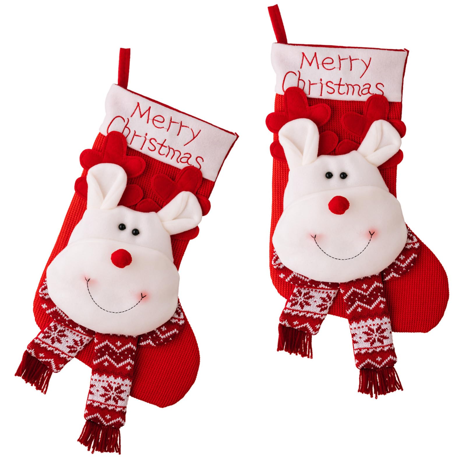 Kalttoy Big Head Elk Of 2 Christmas Stocking For Fireplaces Decoration Stylish Knitted Gifts Bag Santa/Snowman/Deer Hanging Ornament Indoor Decoration