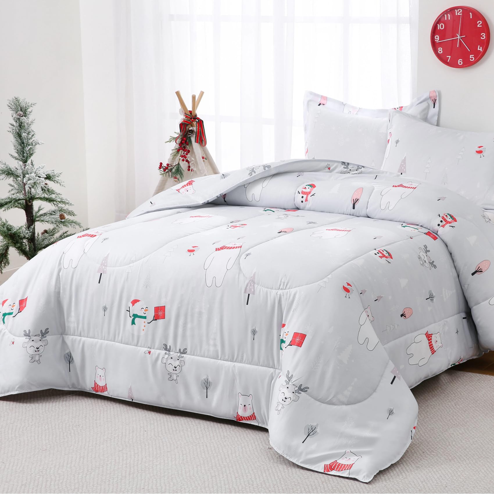 Yibeizi Christmas Comforter Set Twin for Boys Girls, Cute Bear Snowmen Printed Bedding Set with Pillow Sham, Lightweight Soft Breathable Washable Bed Set 2 Piece