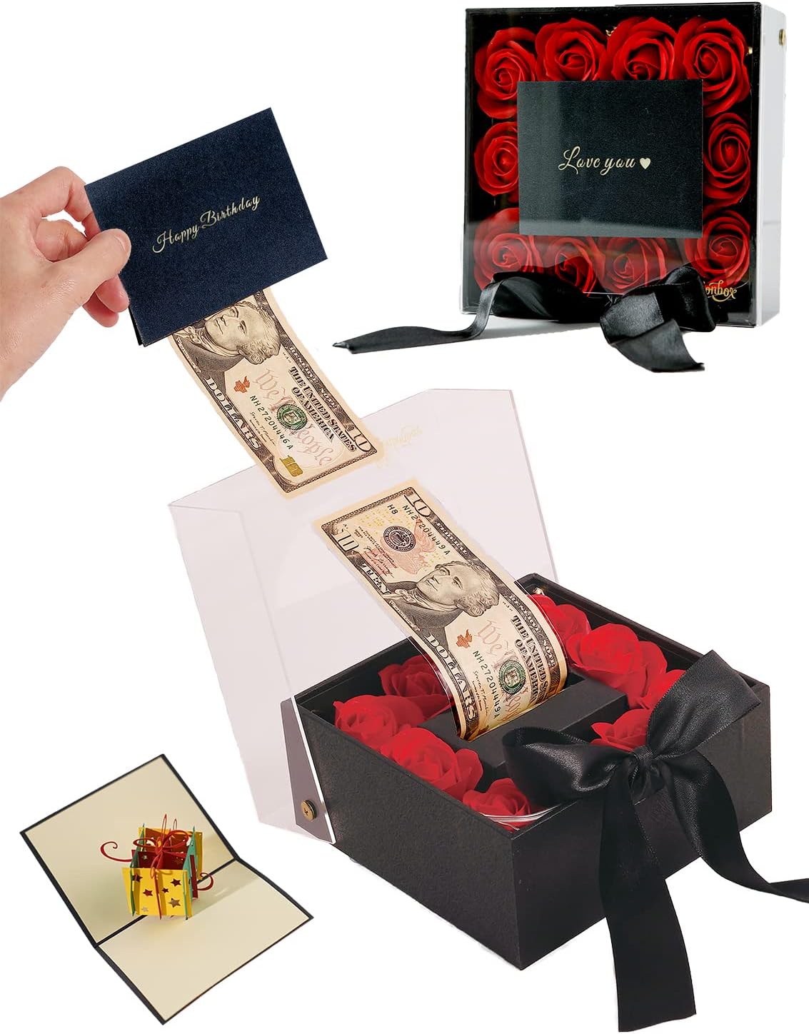 Ribbonbonbox Money Box For Cash Gift Pull – Money Roll Pull Out Surprise Box with Gift Card – Unique party event for Men, Birthday, Graduation, 50th 60th 70th Mothers day Gifts for Women bouquet