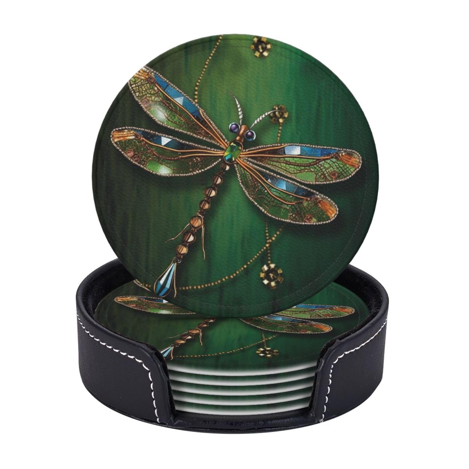 Round Coasters for Drinks Set of 6 - PU Leather Coasters with Holder - Modern Drink Coasters for Coffee Table - Jewel Dragonfly Coaster for Tabletop Protection 4" Cup Mat Pad
