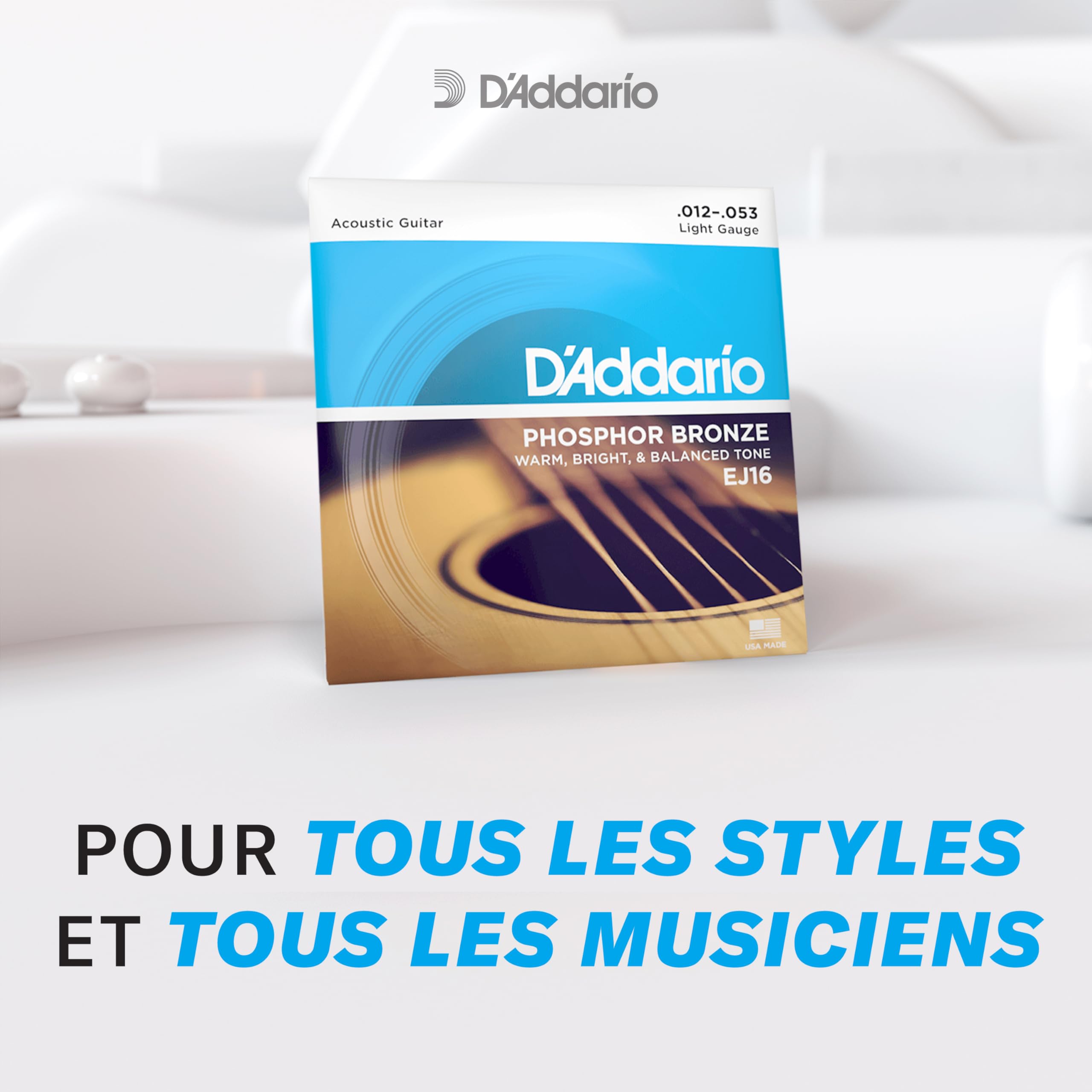 D'Addario Cordes Guitare Acoustique | Corde Guitare Folk | EJ16 | Cordes en bronze phosphoreux pour guitare acoustique | Léger 12-53