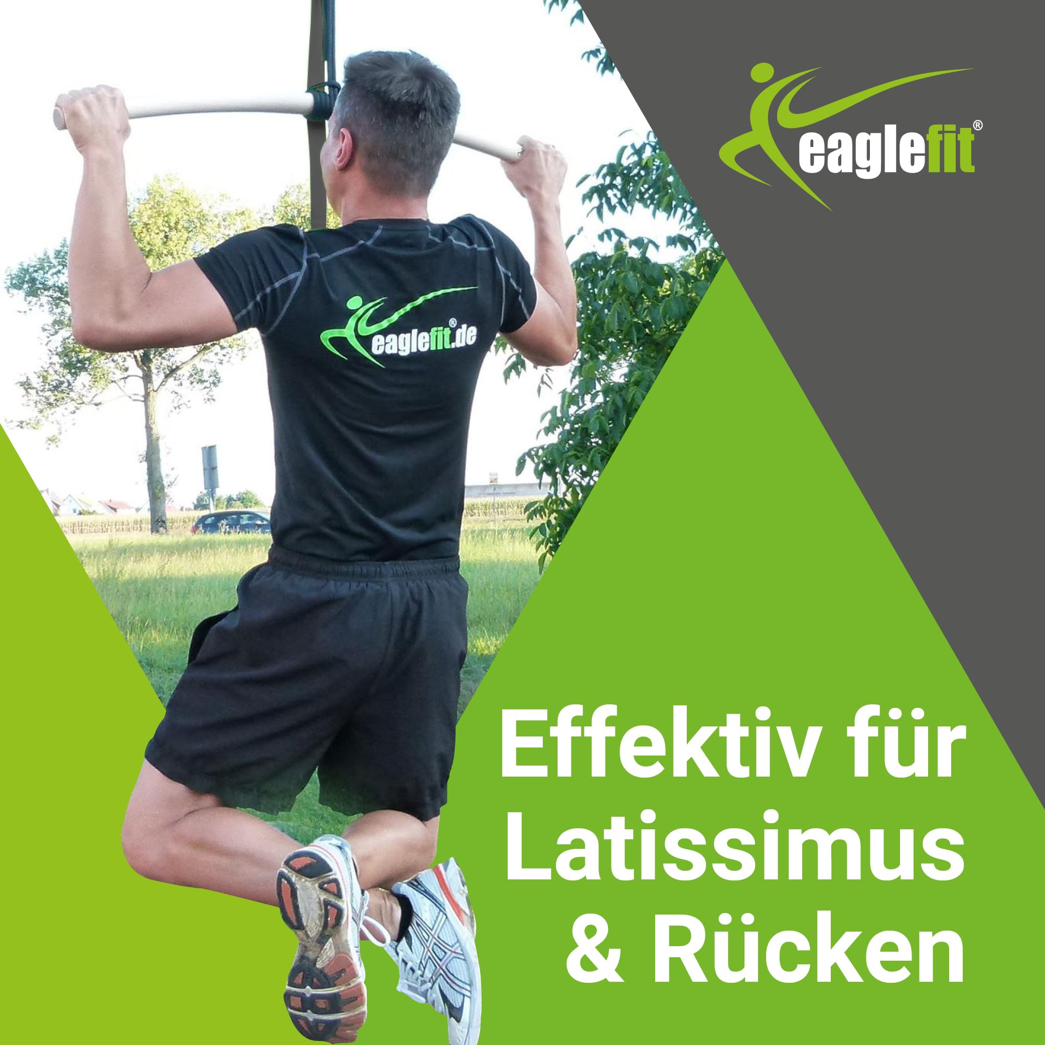 eaglefit - Premium Klimmzugstange aus Holz 100 cm - Ergonomisch gebogene Pull Up Bar für Decke, Garten & Baum - Reckstange Outdoor & Indoor für Klimmzüge - Verstellbar zum Aufhängen inkl. Zubehör