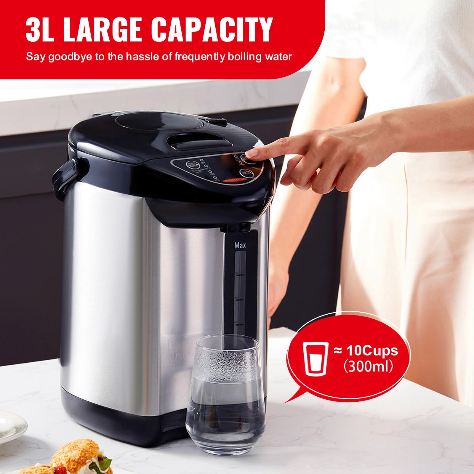 Happybuy 3L Hot Water Dispenser, 4-Temp Adjustable Water Boiler, 304 SS Countertop Heater, 3-Way Dispense, Tea, Coffee, Baby