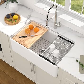 Dcolora 33 in. White Fireclay Farmhouse Sink Apron Front, Farm Style Single Bowl Kitchen Sink Workstation with Accessories, 33"x20"x10" #DC-AW2601