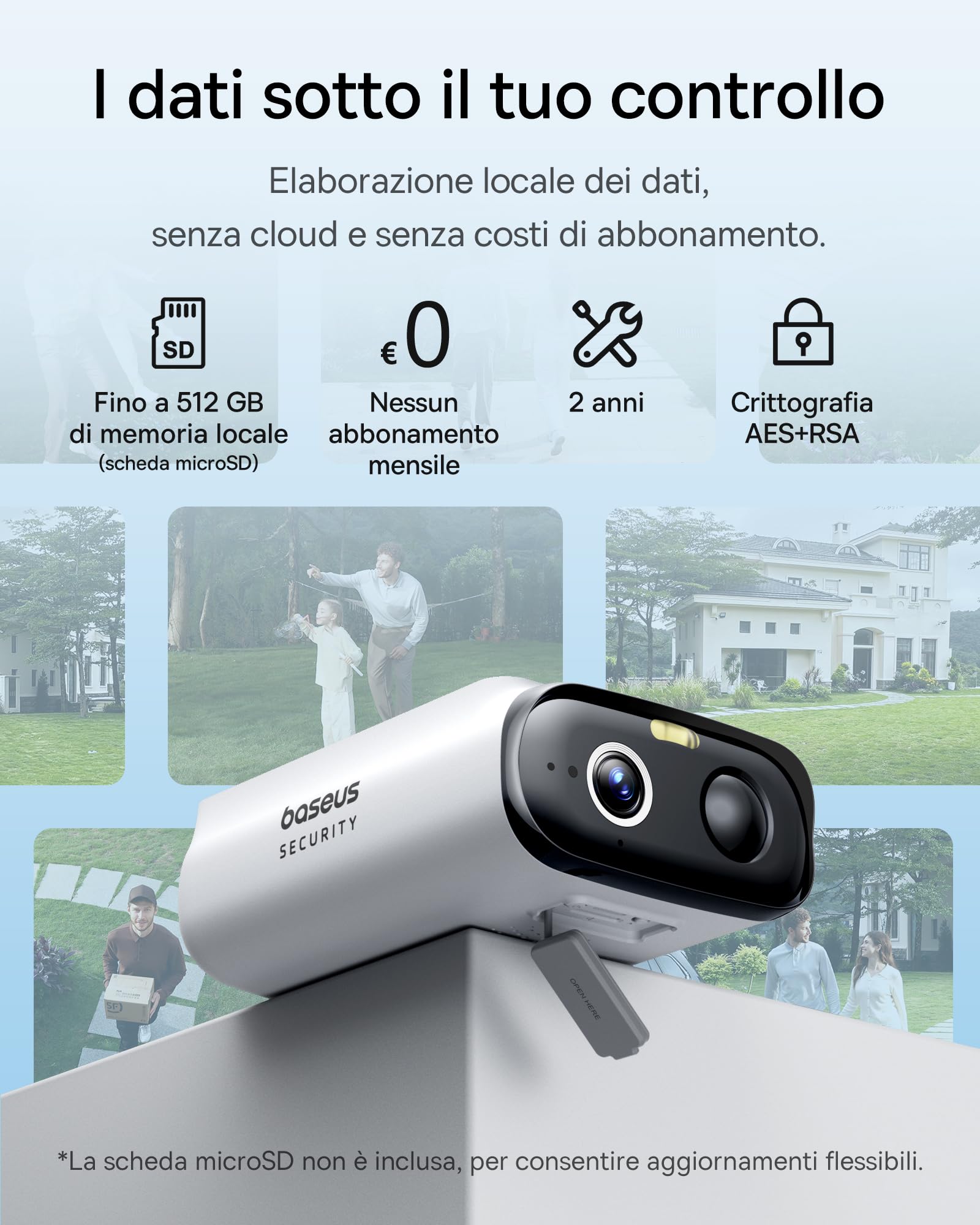 Baseus Security S1 Lite [3-Cam] Telecamera Wi-Fi Esterno senza Fili Pannello Solare, IP67 Videocamera Sorveglianza Batteria 2K 135°, Visione Colorata, Nessun Costo, Compatibile con Alexa & Google