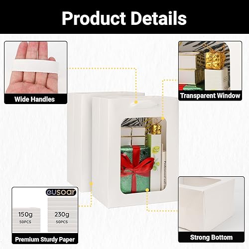 Miniatura 3 de EUSOAR Bolsa de regalo con ventana, 50 bolsas de papel kraft blanco de 7 x 5.12 x 9.84 pulgadas con ventana transparente, bolsas de regalo