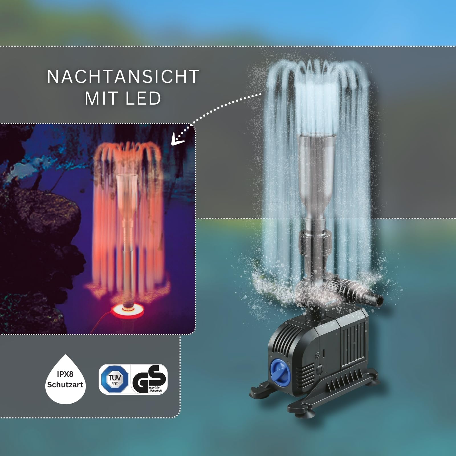 MAUK® LED Springbrunnen | Teichpumpen Set 25W mit Farbwechsel-Ring | 1500 L/h Wasserspiel für Garten & Teich – 1,80m Fontäne, 3 Düsenaufsätze, 360° Rotation & 25° verstellbar, Schutzart IPX8