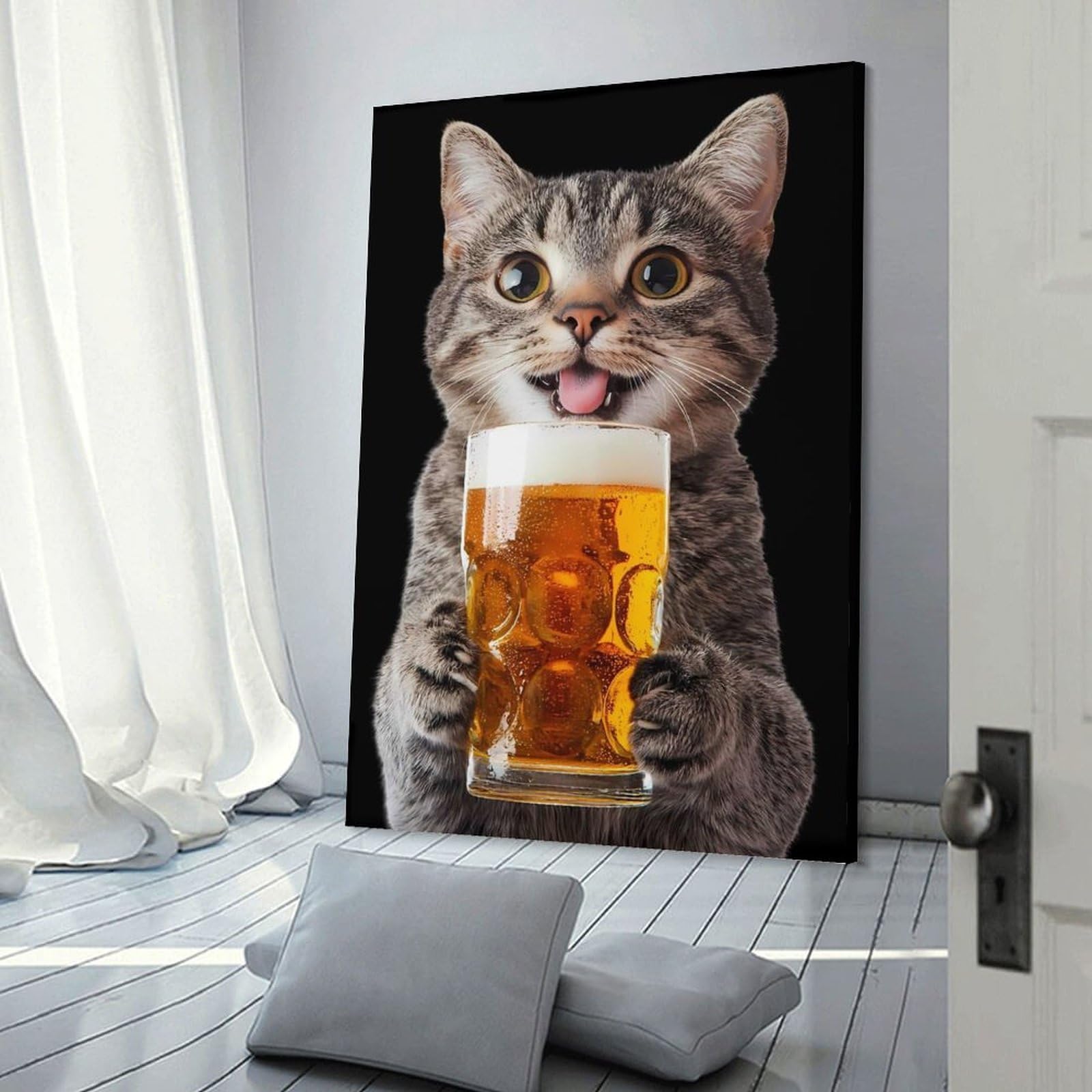 Junmoney Cat Drinking Beer Decorative Canvas Print, 24x36inch(60x90cm), for Gallery Wall Decor And Room Displays, Wall Decor Suited to Curated Displays
