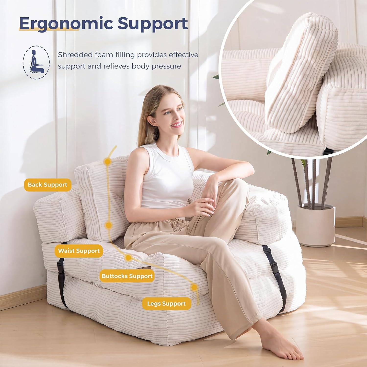 MAXYOYO Folding Sofa Bed, L-Shaped Convertible Sofa Foldable Sleeper Couch with Pillow, Portable Fold Out Chair Bed with Armrest Comfy Floor Lounge for Living Room Bedroom, Beige