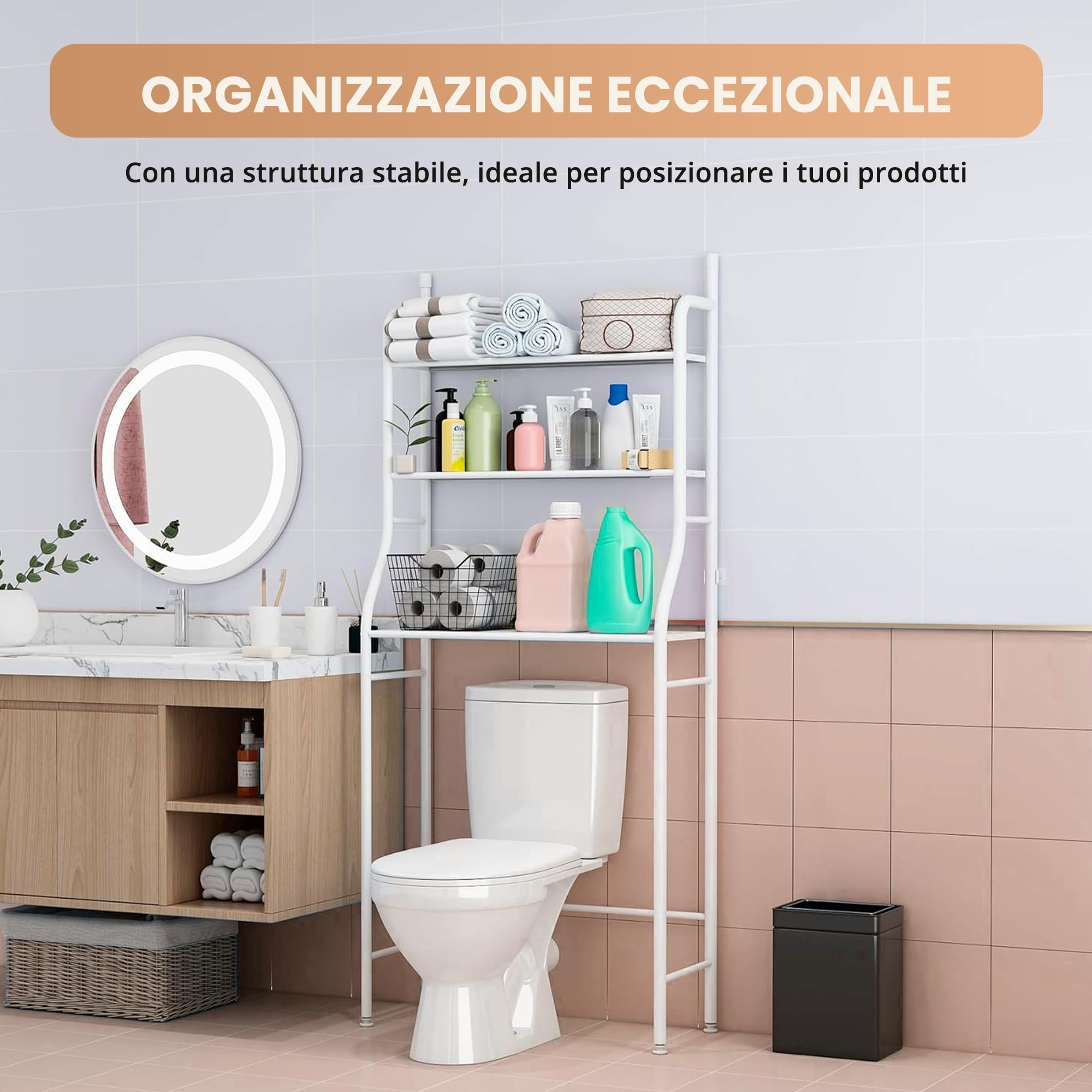 JUPPLIES Mobile Sopra WC Bagno 3 Ripiani Salvaspazio Scaffale Sopra Toilette Metallo 47x26x153cm Piedi Regolabili Anti-Ribaltamento