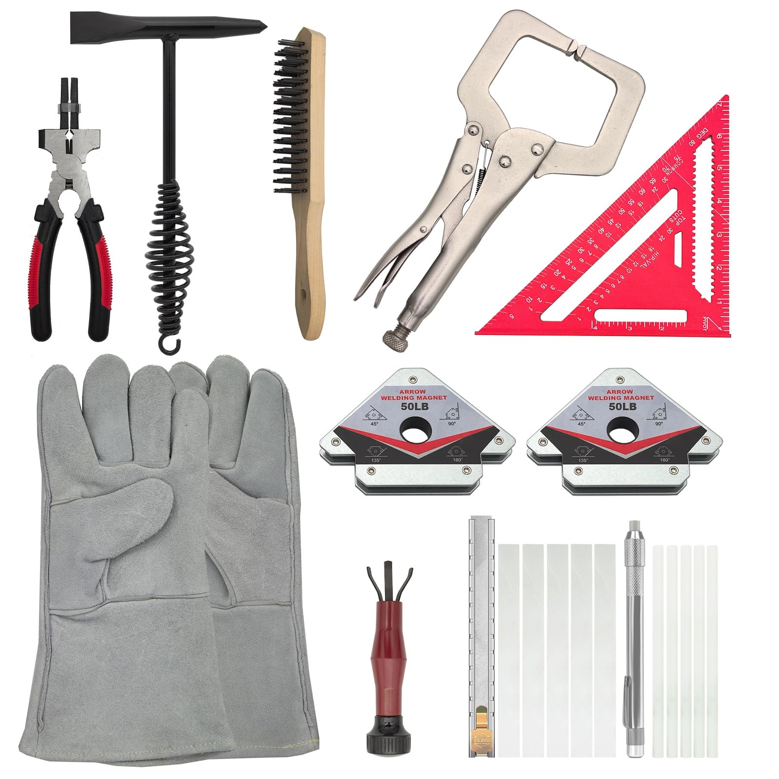 GUTIMORE MIG Herramientas de soldadura, 10 piezas, martillo astillador, guantes de soldadura de cuero de 13.5 pulgadas, cuadrado de velocidad de 7 pulgadas, abrazadera de soldadura de 11 pulgadas