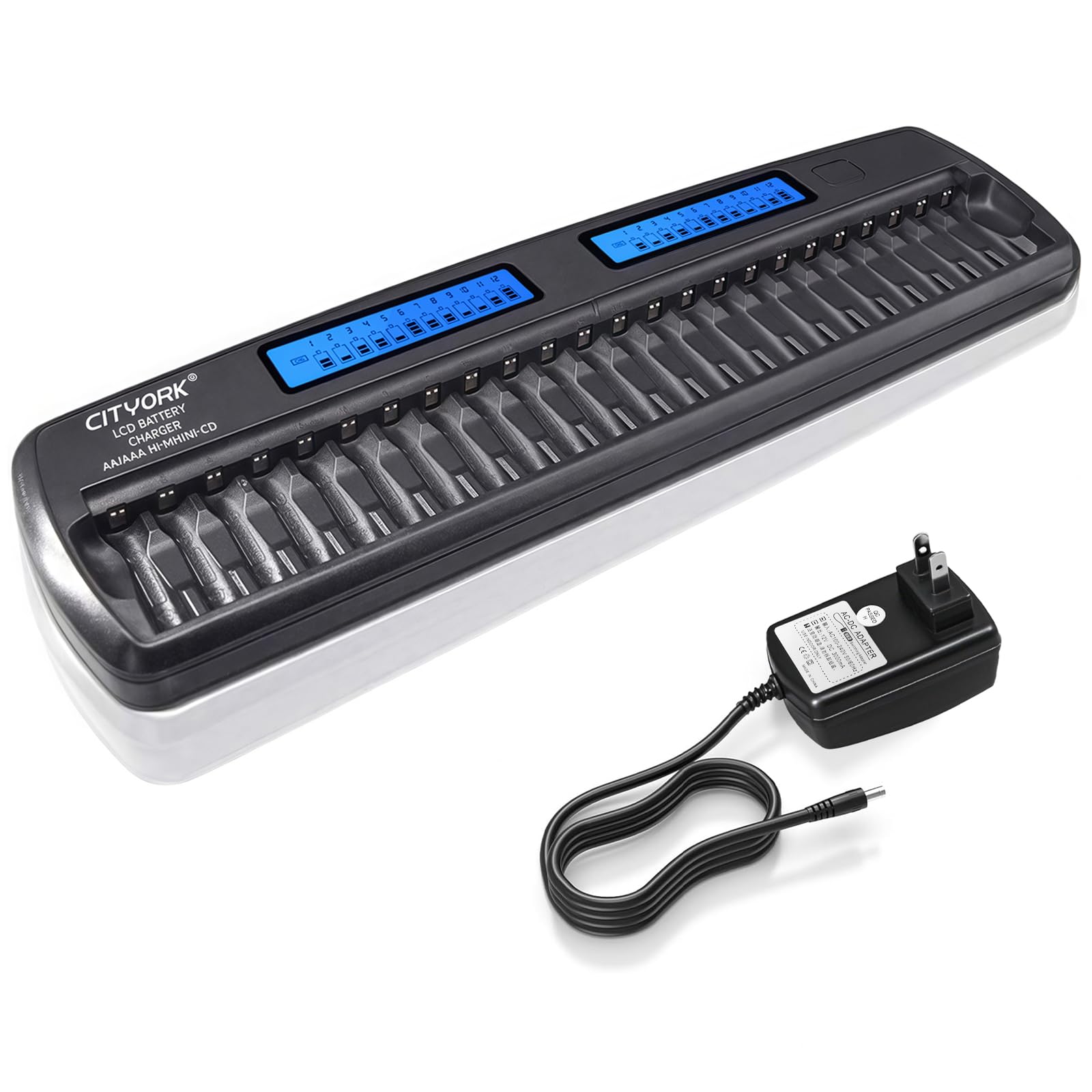 CITYORK 24 Bay AA AAA Large Smart Battery Charger LCD Display for 1.2V AA/AAA NiMH/NiCd Rechargeable Batteries Built-in IC Protection with Car Charger&AC Wall Adapter