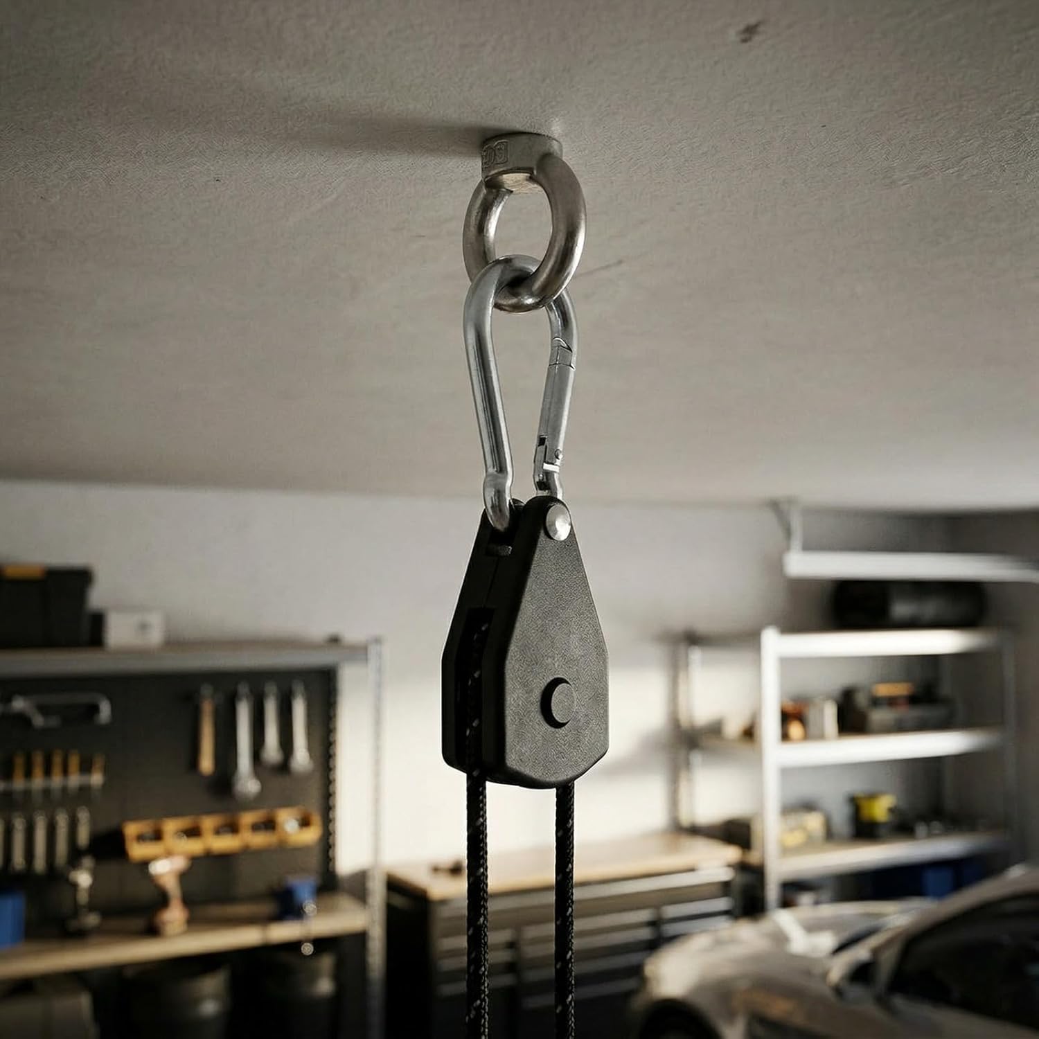 Adjustable Rope Hanger Heavy Duty Support Pulley System Secure Light Fixture Suspension Tool for Indoor Equipment (Black)