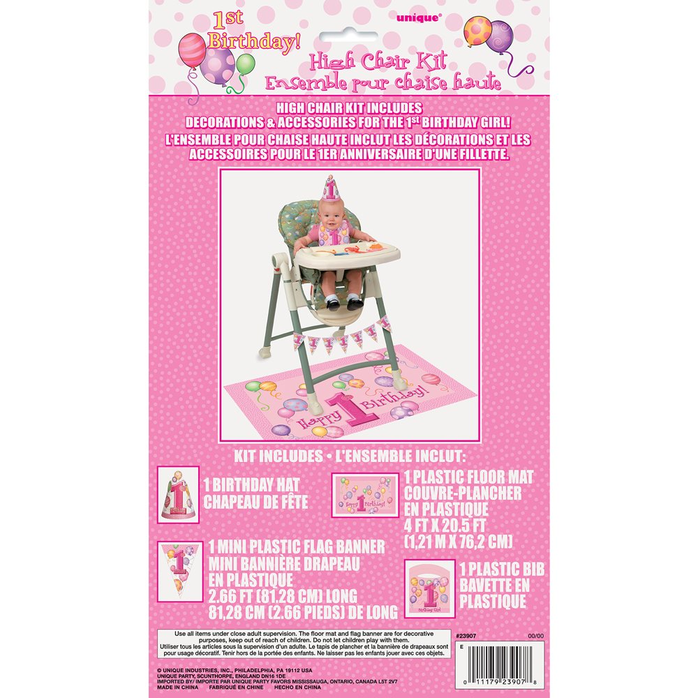 First Birthday Pink Balloons High Chair Kit - (1 Set) | All-Inclusive Decor Bundle with Flag Banner, Floor Mat & Plastic Bib - Ideal for Memorable 1st Birthday Celebration
