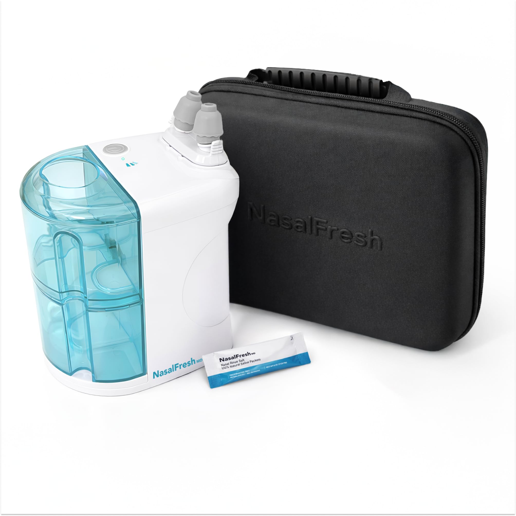 NASALFRESH MD Premium Bundle–Dual Powered Nasal Irrigation System Nasal Rinse and Wash, Sinus Decongestant Relief System, 60 Saline Packets, Case, Rechargeable, 2 Sets of Nose Pillows–Snoring Remedy