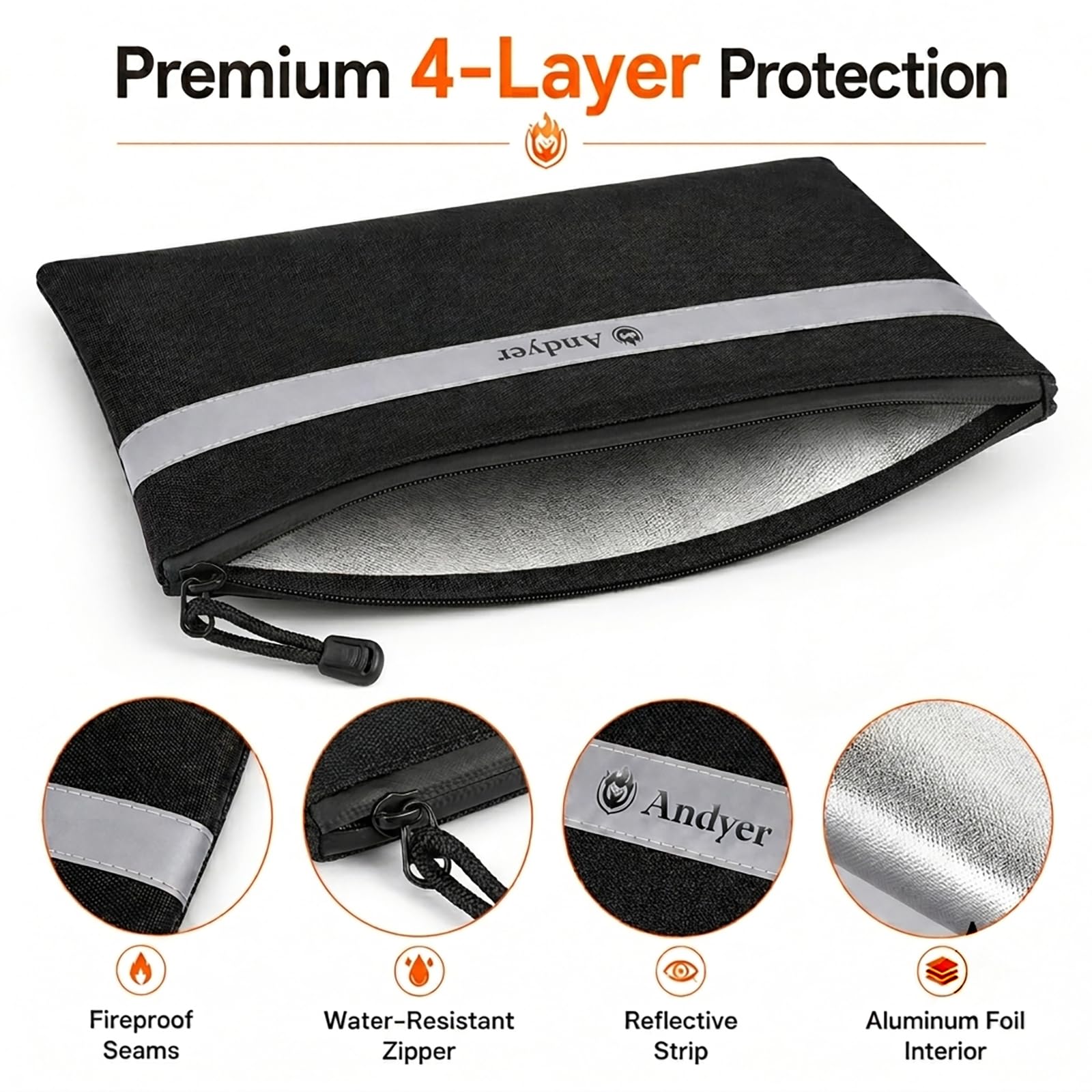Andyer Bolsa de documentos ignífuga con bolsa de dinero, paquete de 2 bolsas impermeables e ignífugas de 13.4 x 10 pulgadas y 11 x 6 pulgadas, bolsa de almacenamiento segura ignífuga con cremallera