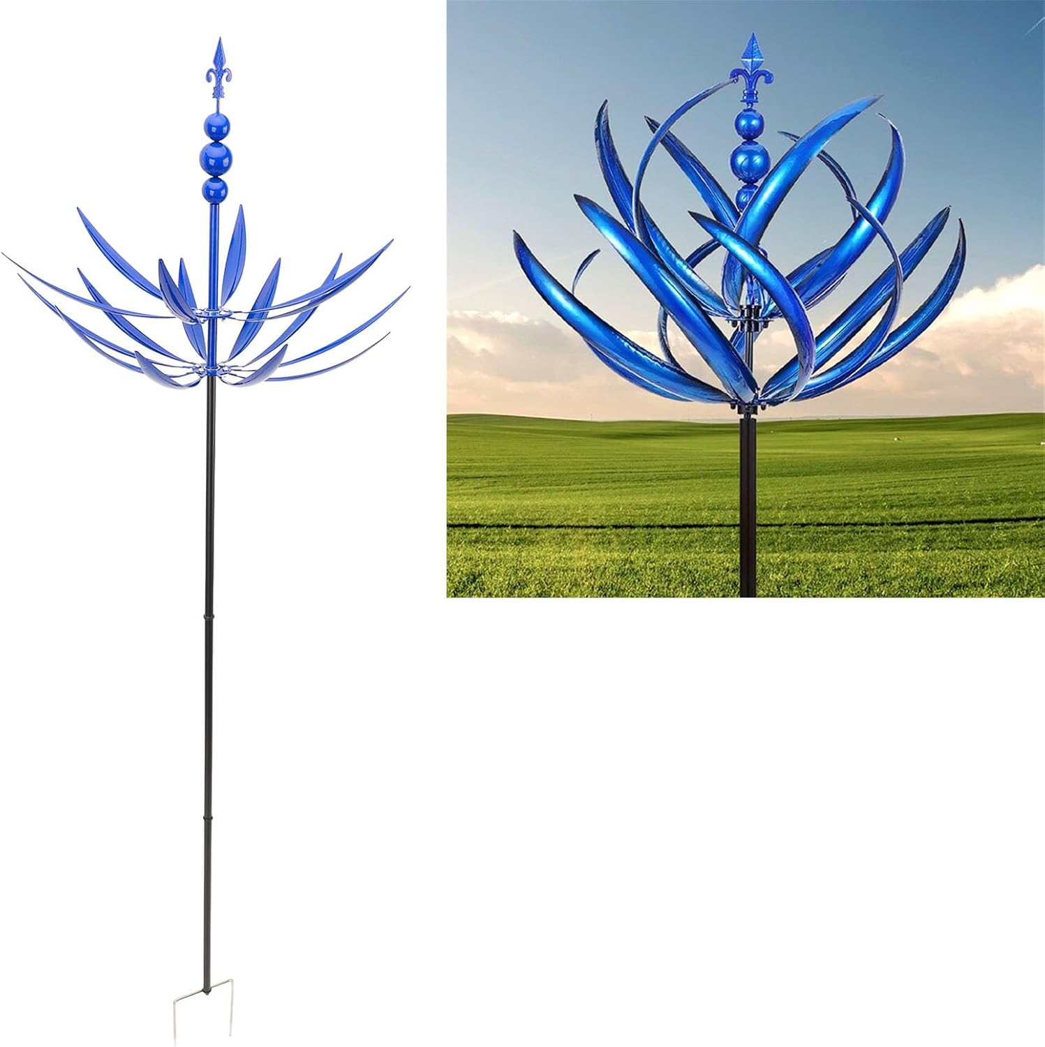 Outdoor Wind Spinner with Ground Stake, 360 Degree Rotating Iron Art Blue Windmill Sculpture, Paint, Wind Motion, Garden Yard Lawn Decor for Outdoor Use