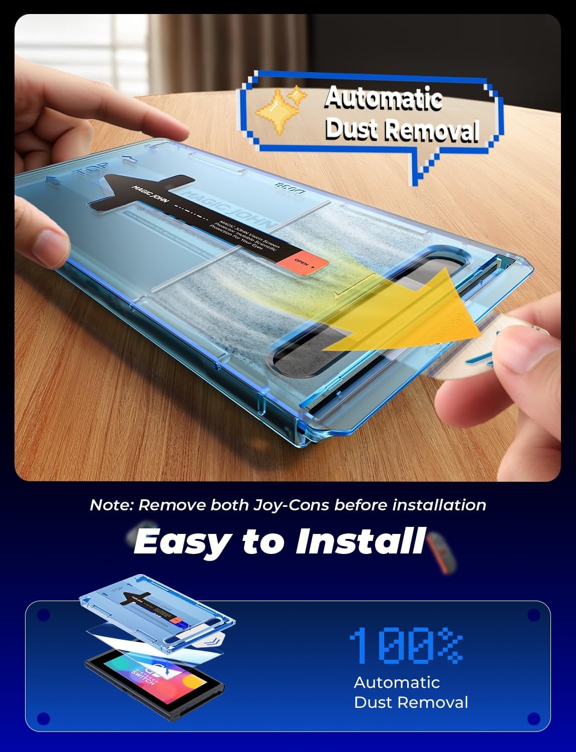 MAGIC JOHN for Nintendo Switch OLED Screen Protector (2021, 7.0"), Eye-Protection Blue-Light Filter, Auto Dust Removal, HD Clear, 9H Tempered Film for OLED Switch, 2 Pack - Image 5