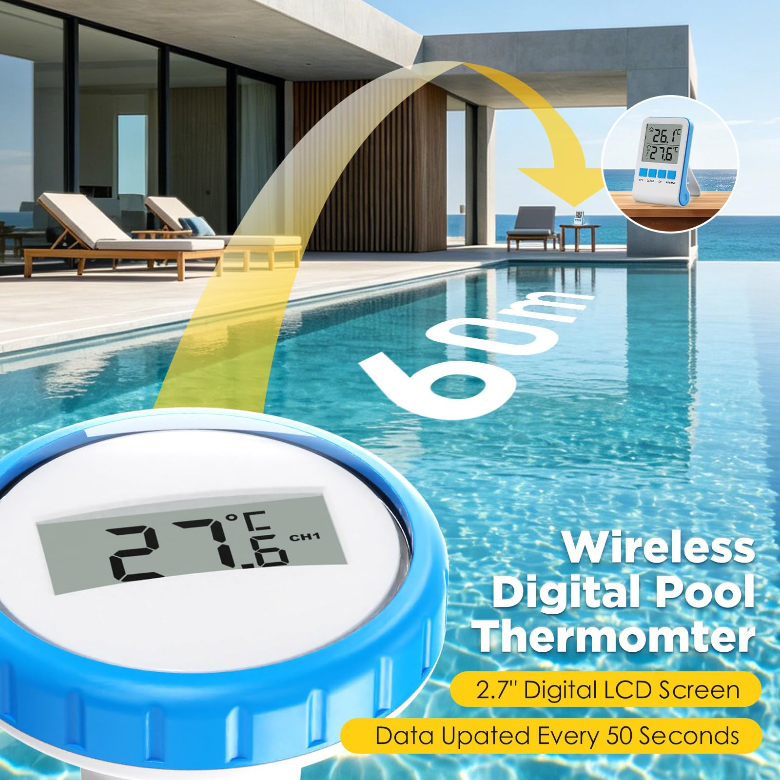 Thermomètre Piscine RF433 Connecté Thermomètre de Piscine， IPX8 Numérique Sans Fil Pool Thermometer pour Piscine, Bains à Remous, Spa, Aquarium, Lecture Facile